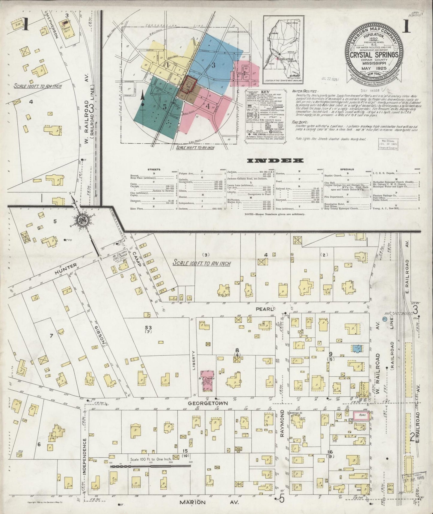 Sanborn Fire Insurance Map from Crystal Springs, Copiah County, Mississippi (1925), Sheet #0001 - Historic Sanborn Fire Insurance Map Print, vintage old map wall art, antique decor, genealogy gift, Mississippi Mississippi map