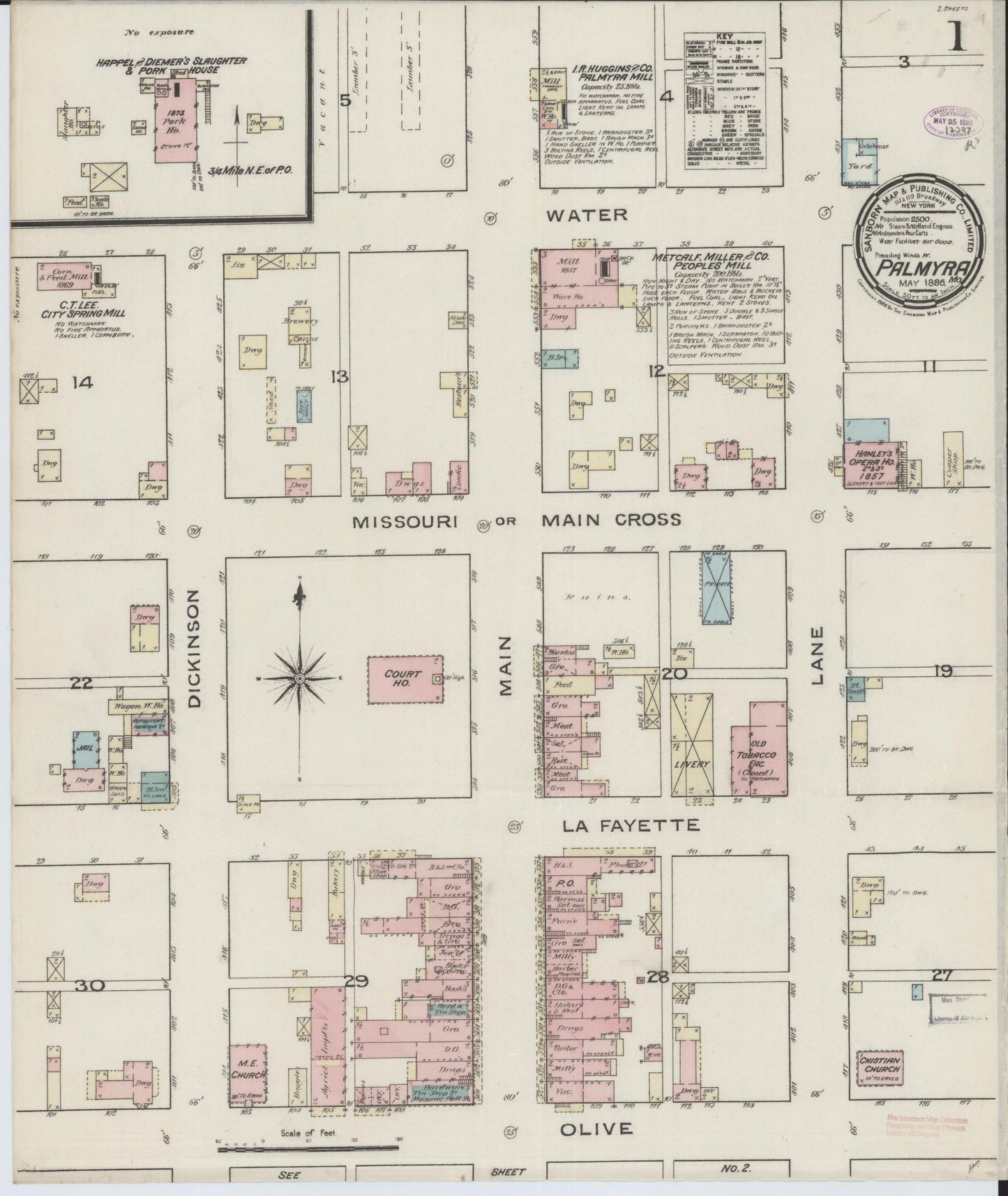 Sanborn Fire Insurance Map from Palmyra, Marion County, Missouri (1886), Sheet #0001 - Historic Sanborn Fire Insurance Map Print, vintage old map wall art, antique decor, genealogy gift, Missouri Missouri map
