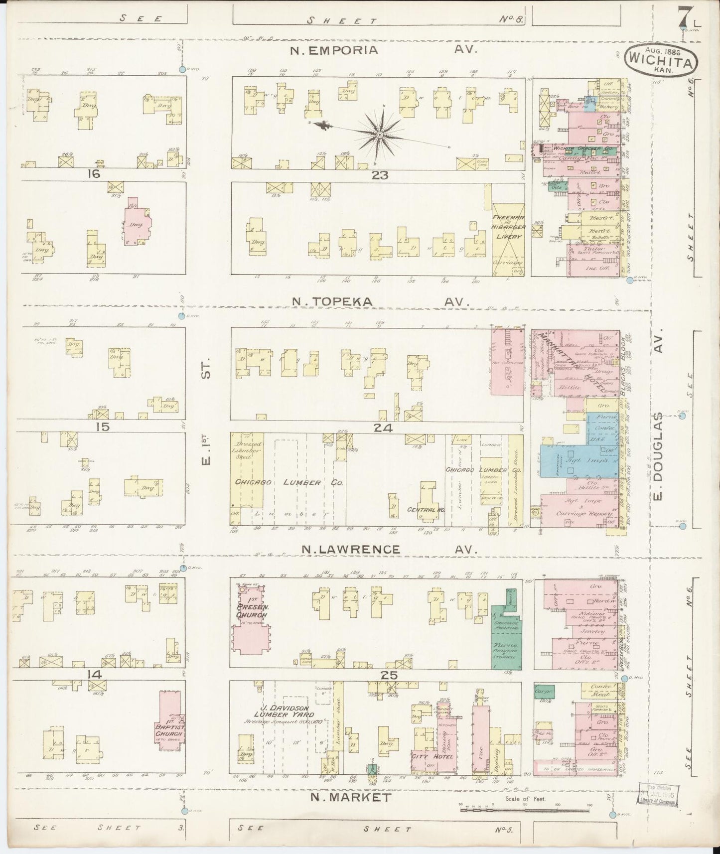 Sanborn Fire Insurance Map from Wichita, Sedgwick County, Kansas (1886), Sheet #0007 - Historic Sanborn Fire Insurance Map Print, vintage old map wall art, antique decor, genealogy gift, Kansas Kansas map