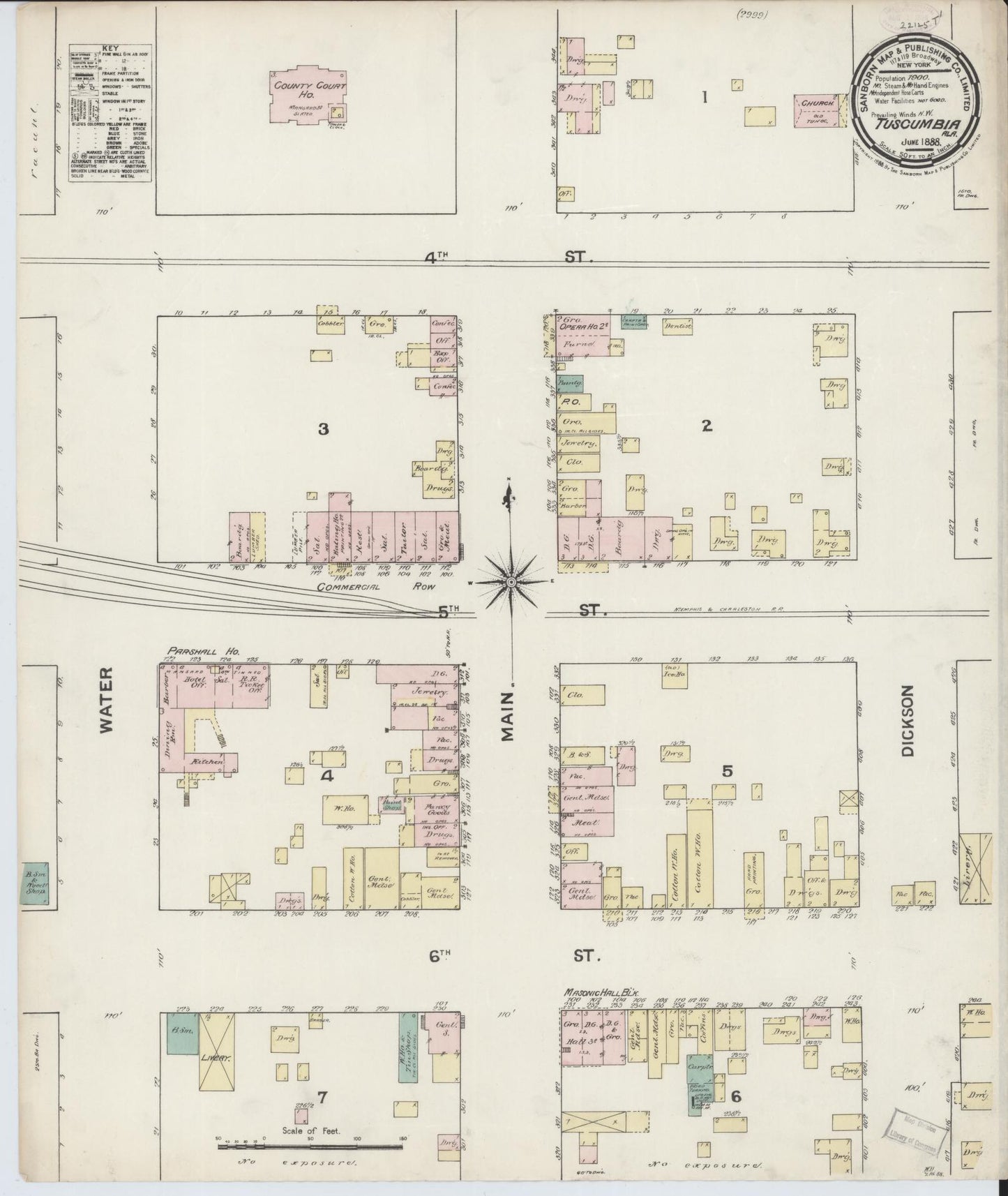 Sanborn Fire Insurance Map from Tuscumbia, Colbert County, Alabama (1888), Sheet #0001 - Historic Sanborn Fire Insurance Map Print, vintage old map wall art, antique decor, genealogy gift, Alabama Alabama map