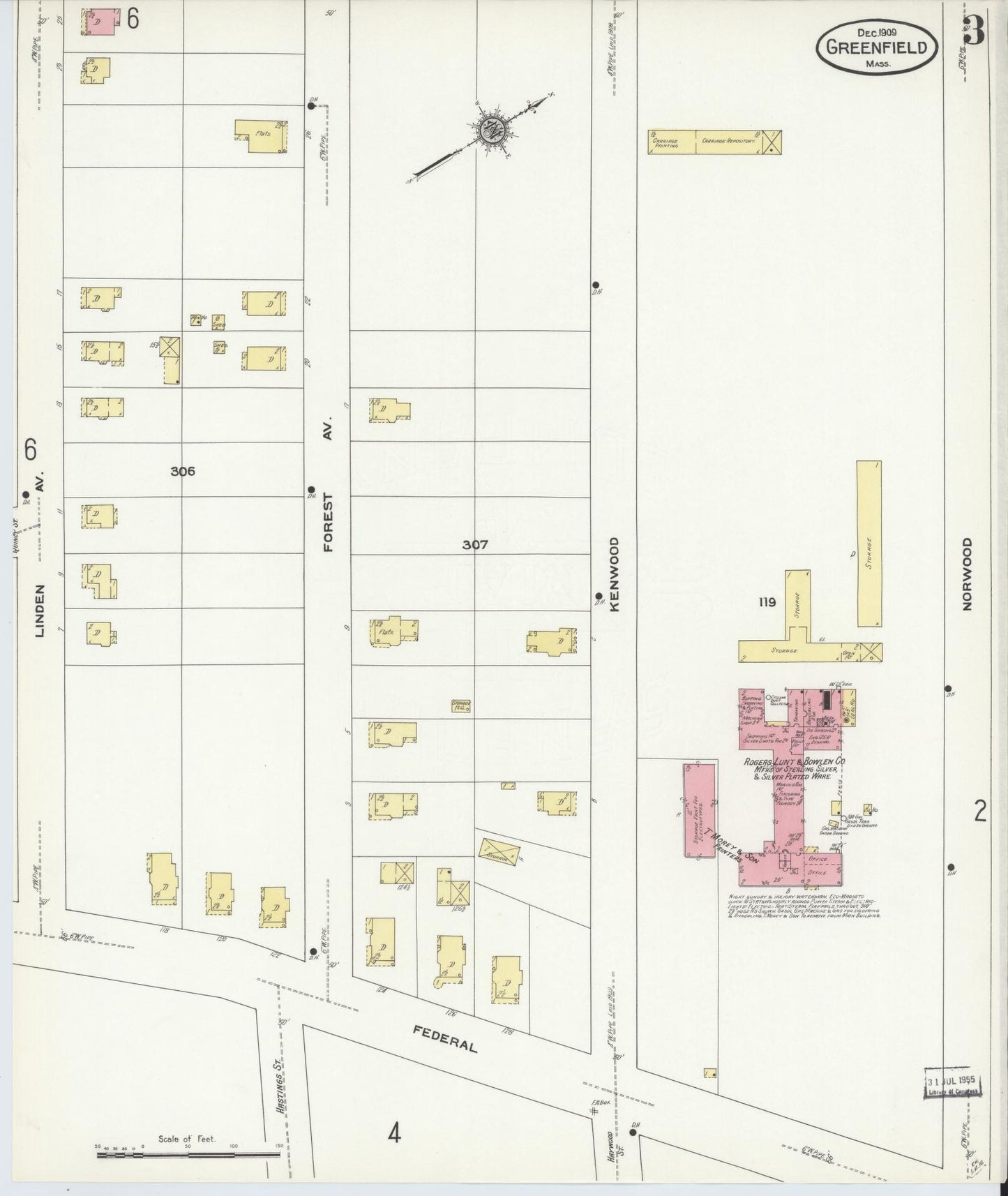 Sanborn Fire Insurance Map from Greenfield, Franklin County, Massachusetts (1909), Sheet #0003 - Historic Sanborn Fire Insurance Map Print, vintage old map wall art, antique decor, genealogy gift, Massachusetts Massachusetts map