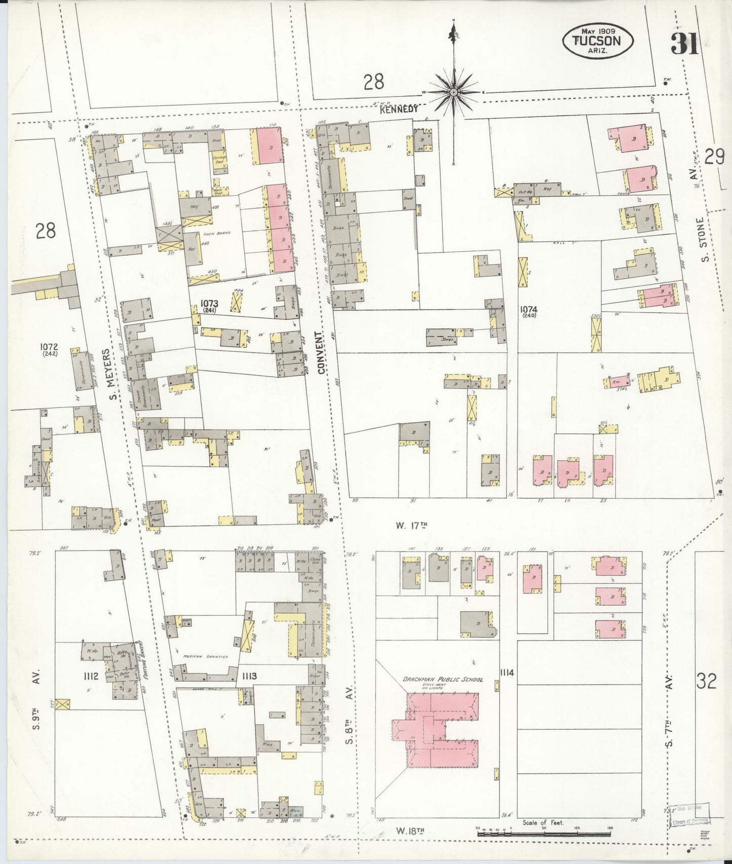 Sanborn Fire Insurance Map from Tucson, Pima County, Arizona (1909), Sheet #0031 - Historic Sanborn Fire Insurance Map Print, vintage old map wall art, antique decor, genealogy gift, Arizona Arizona map