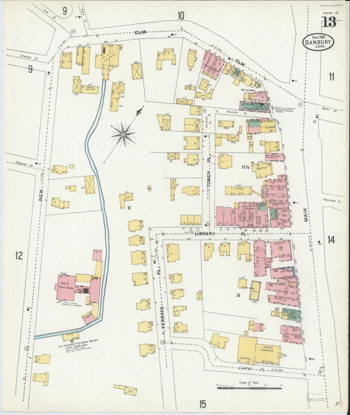 Sanborn Fire Insurance Map from Danbury, Fairfield County, Connecticut (1904), Sheet #0013 - Historic Sanborn Fire Insurance Map Print, vintage old map wall art, antique decor, genealogy gift, Connecticut Connecticut map