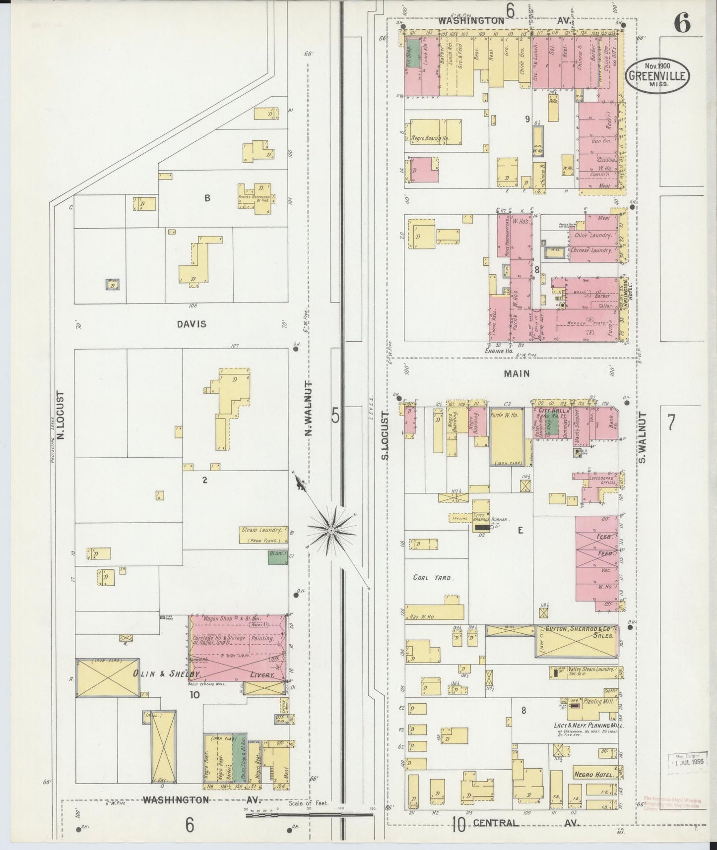 Sanborn Fire Insurance Map from Greenville, Washington County, Mississippi (1900), Sheet #0006 - Historic Sanborn Fire Insurance Map Print, vintage old map wall art, antique decor, genealogy gift, Mississippi Mississippi map