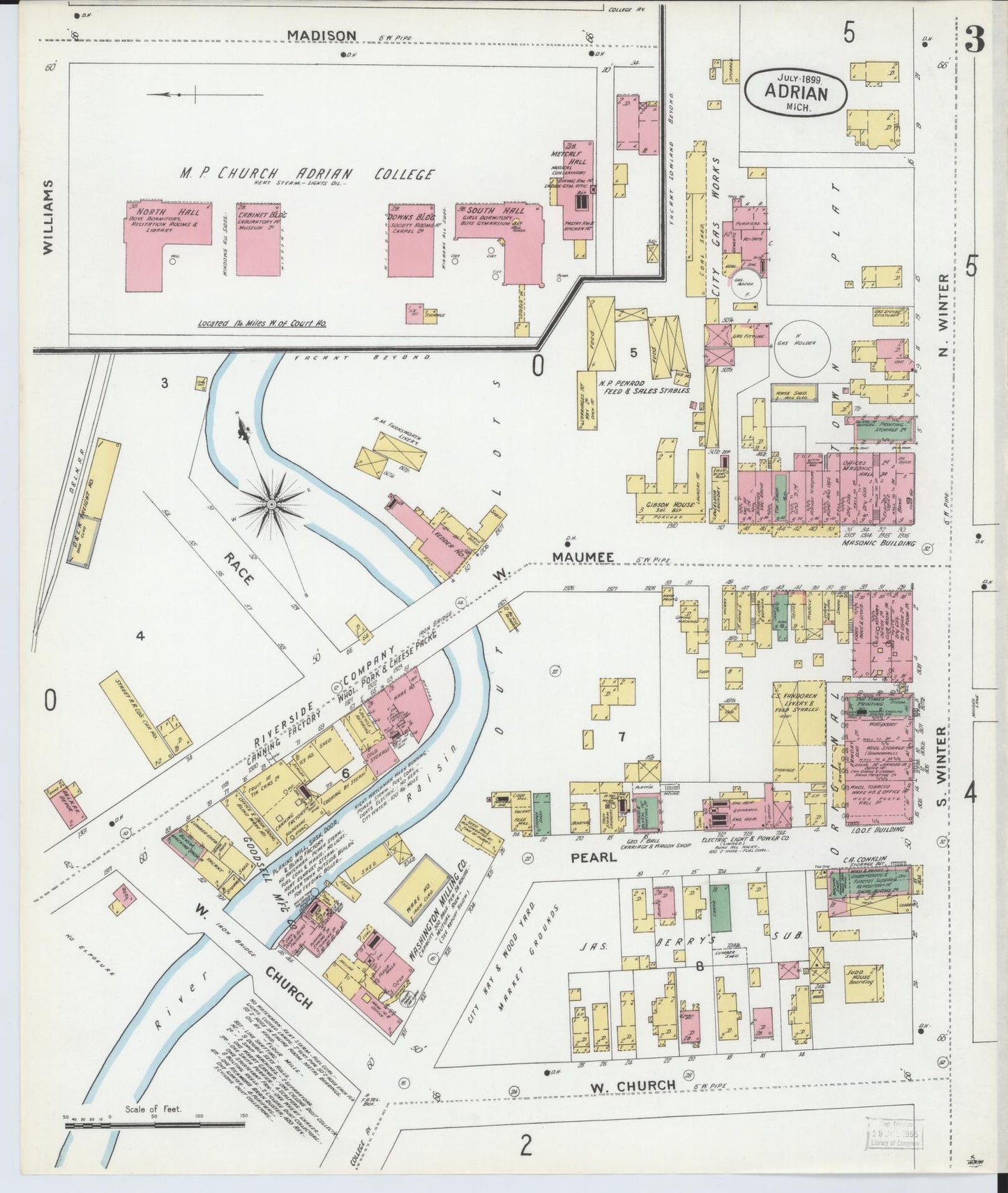 Sanborn Fire Insurance Map from Adrian, Lenawee County, Michigan (1899), Sheet #0003 - Historic Sanborn Fire Insurance Map Print, vintage old map wall art, antique decor, genealogy gift, Michigan Michigan map