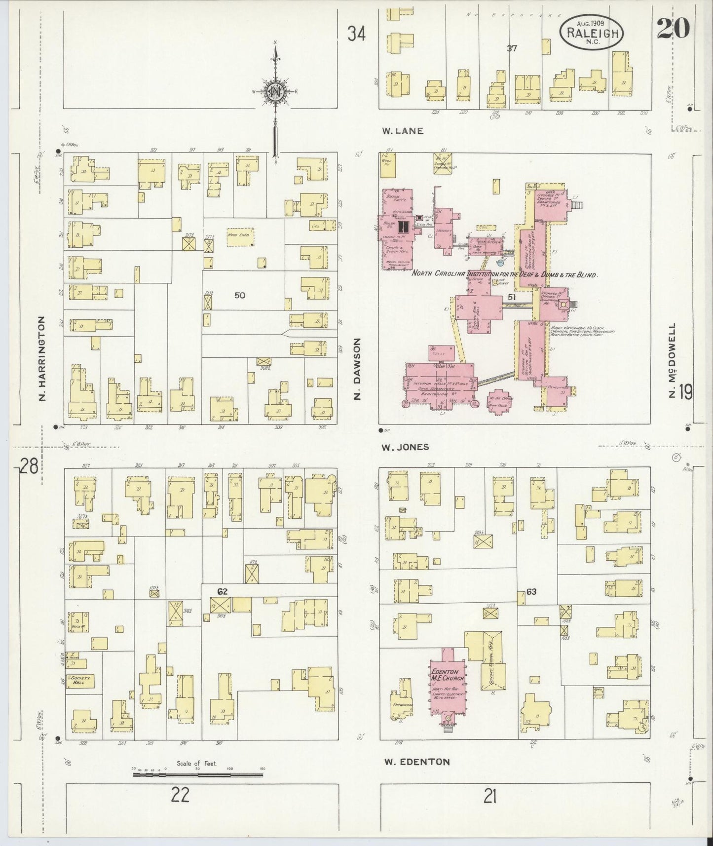 Sanborn Fire Insurance Map from Raleigh, Wake County, North Carolina (1909), Sheet #0020 - Historic Sanborn Fire Insurance Map Print, vintage old map wall art, antique decor, genealogy gift, North Carolina North Carolina map