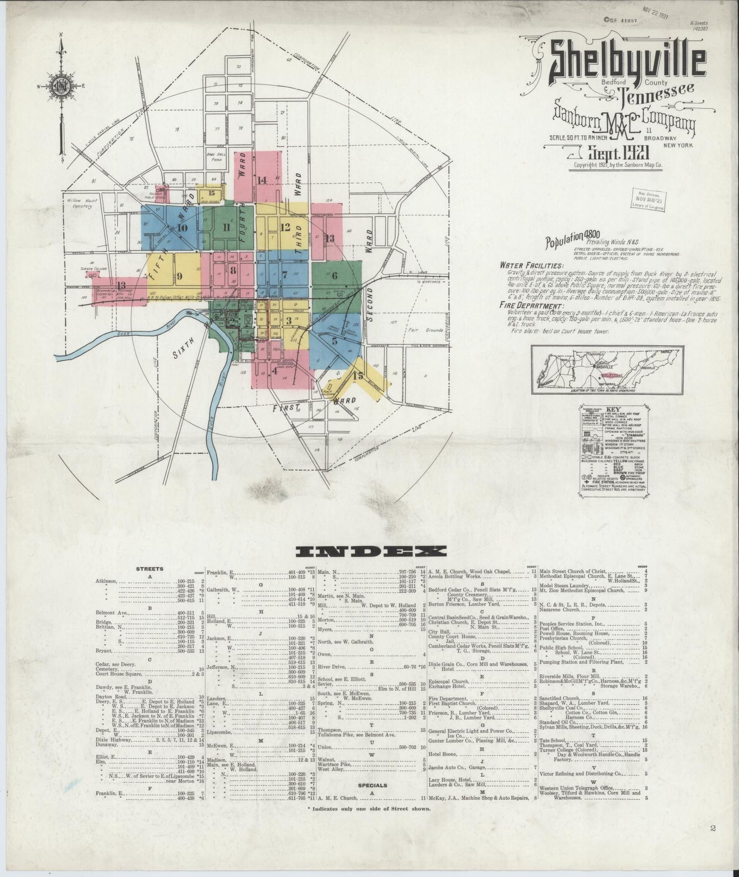 Sanborn Fire Insurance Map from Shelbyville, Bedford County, Tennessee. (1921) – Historic Sanborn Fire Insurance Map Print