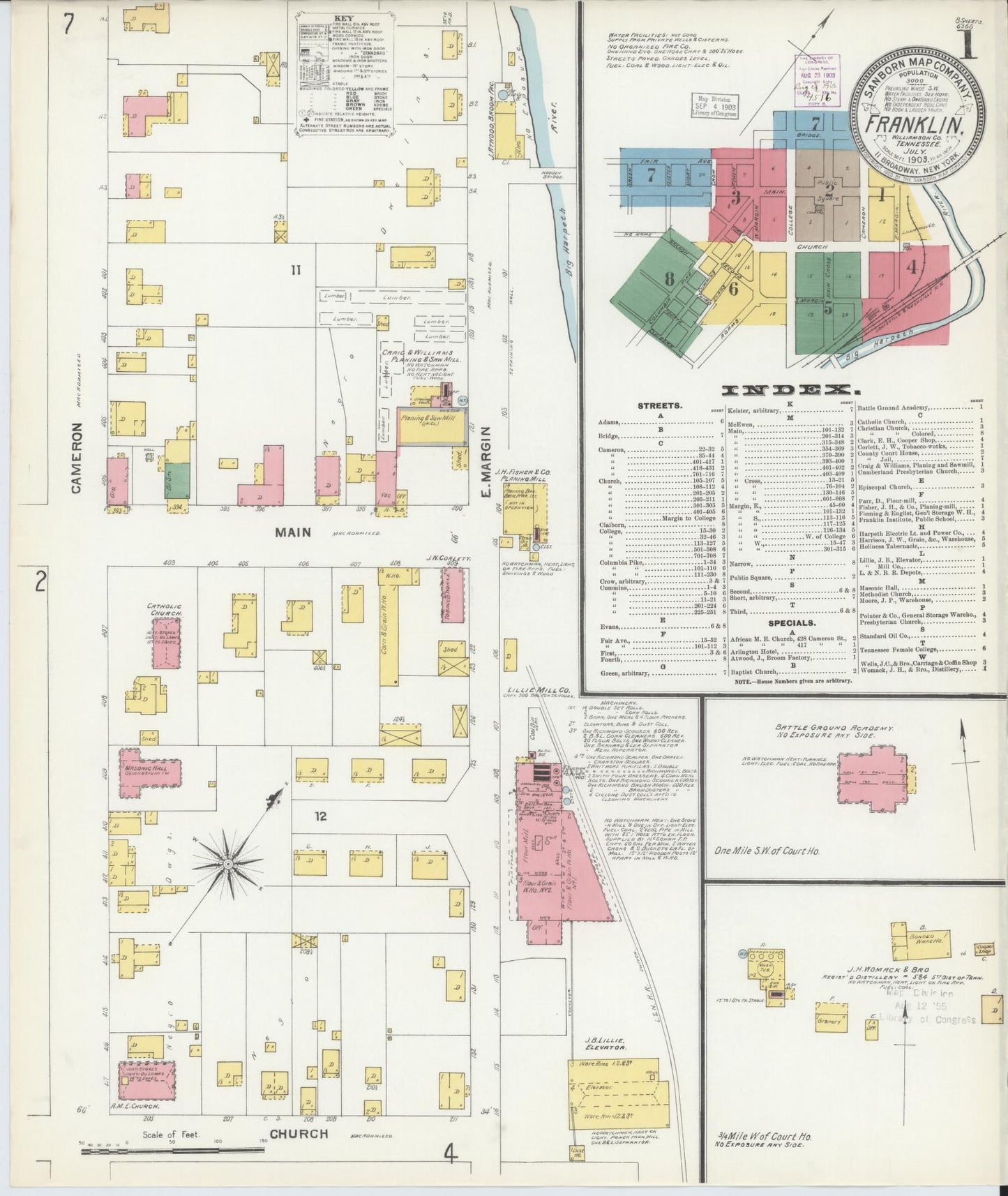 Sanborn Fire Insurance Map from Franklin, Williamson County, Tennessee (1903), Sheet #0001 - Historic Sanborn Fire Insurance Map Print, vintage old map wall art, antique decor, genealogy gift, Tennessee Tennessee map