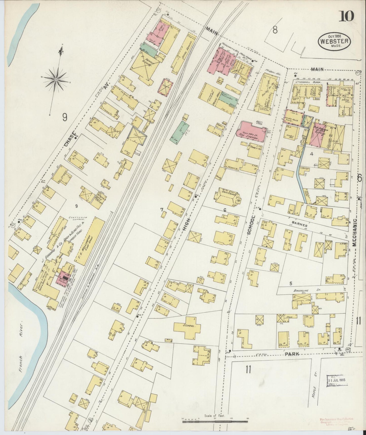 Sanborn Fire Insurance Map from Webster, Worcester County, Massachusetts (1898), Sheet #0010 - Historic Sanborn Fire Insurance Map Print, vintage old map wall art, antique decor, genealogy gift, Massachusetts Massachusetts map