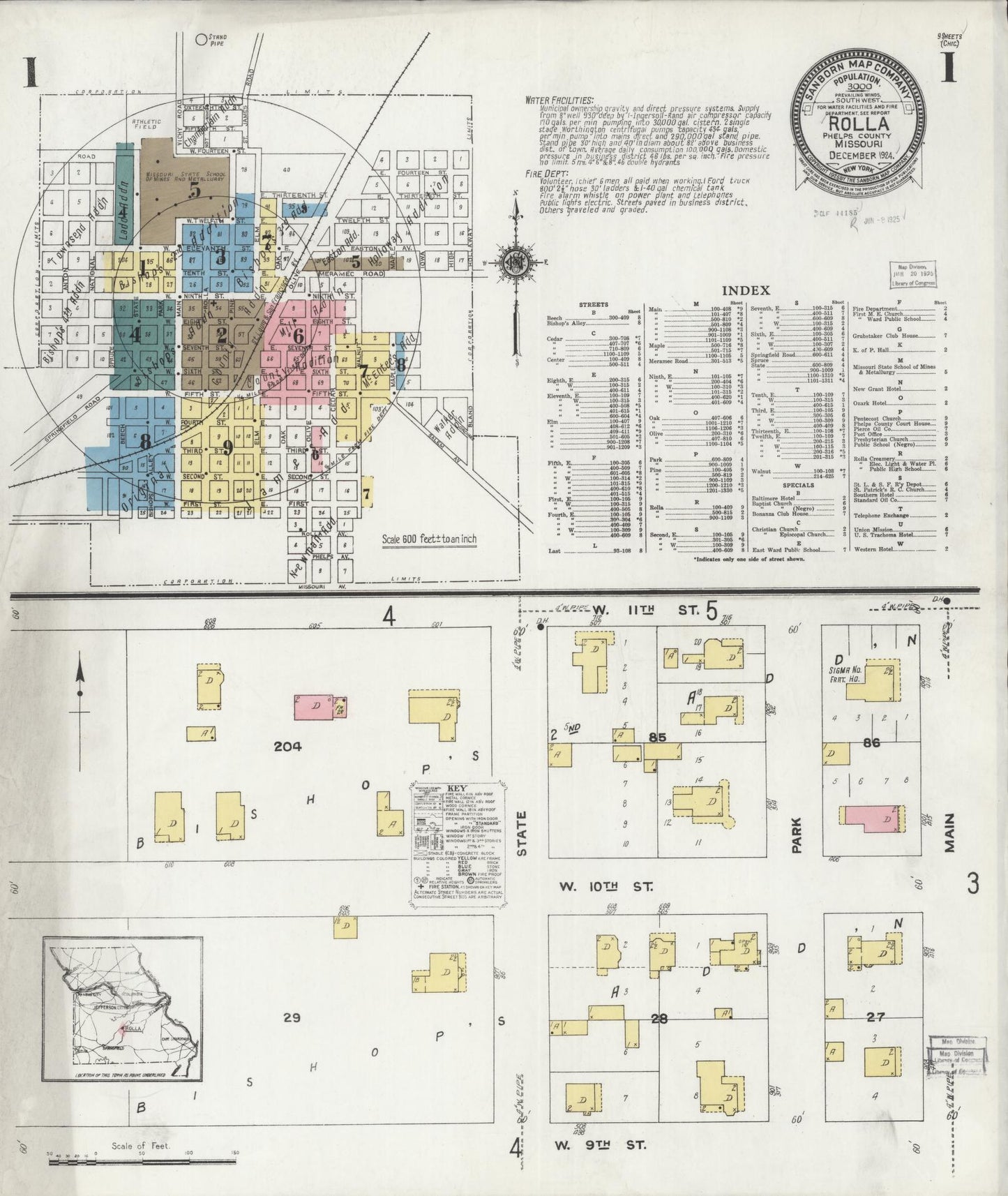 Sanborn Fire Insurance Map from Rolla, Phelps County, Missouri (1924), Sheet #0001 - Historic Sanborn Fire Insurance Map Print, vintage old map wall art, antique decor, genealogy gift, Missouri Missouri map