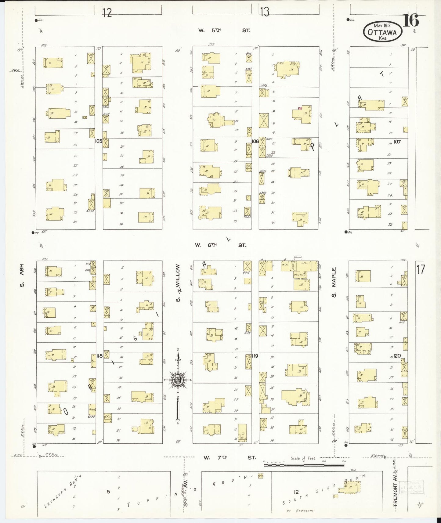 Sanborn Fire Insurance Map from Ottawa, Franklin County, Kansas (1912), Sheet #0016 - Historic Sanborn Fire Insurance Map Print, vintage old map wall art, antique decor, genealogy gift, Kansas Kansas map