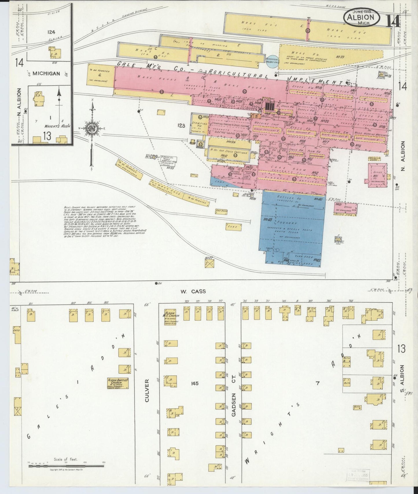Sanborn Fire Insurance Map from Albion, Calhoun County, Michigan (1918), Sheet #0014 - Historic Sanborn Fire Insurance Map Print, vintage old map wall art, antique decor, genealogy gift, Michigan Michigan map