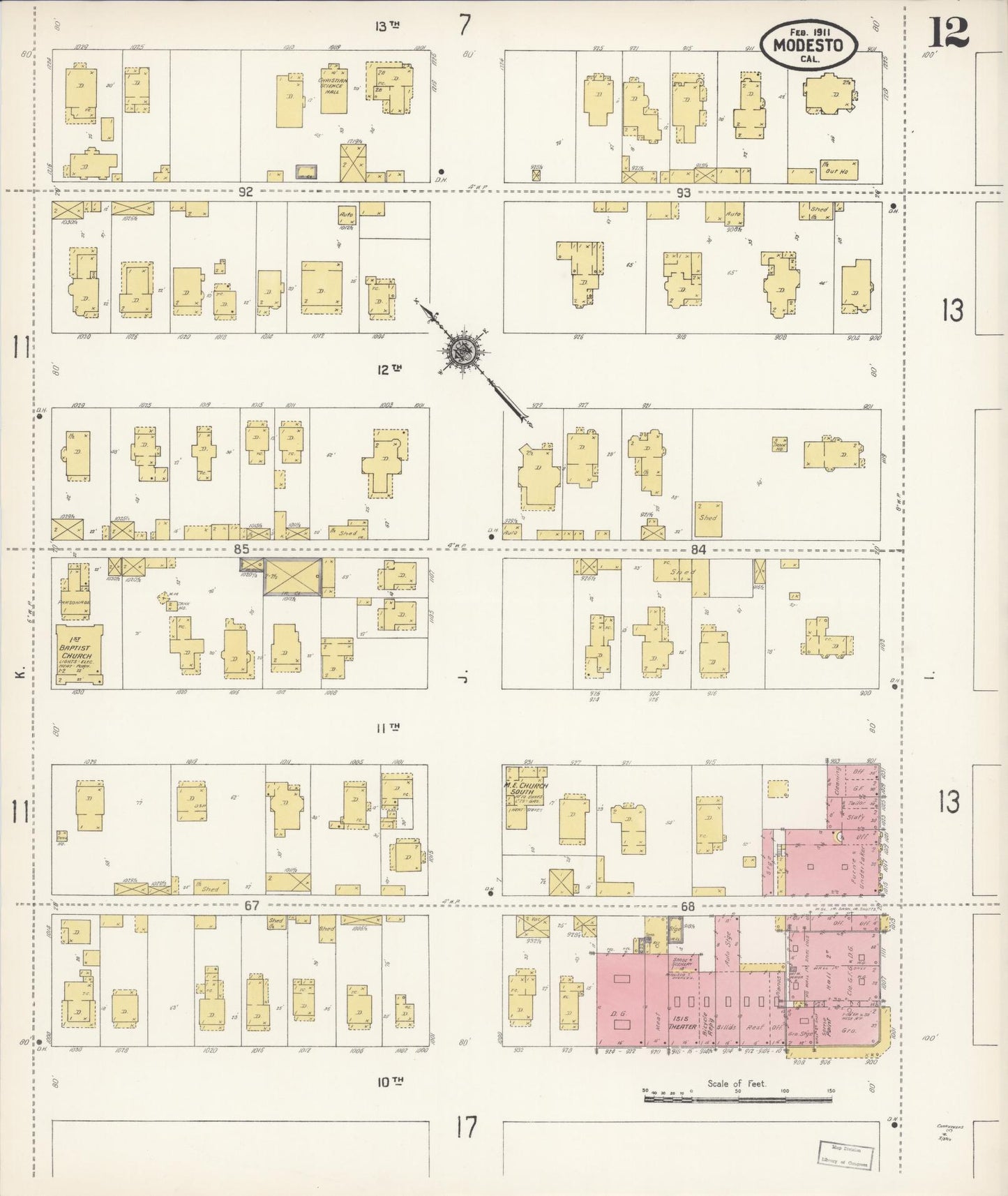 Sanborn Fire Insurance Map from Modesto, Stanislaus County, California (1911), Sheet #0012 - Historic Sanborn Fire Insurance Map Print, vintage old map wall art, antique decor, genealogy gift, California California map