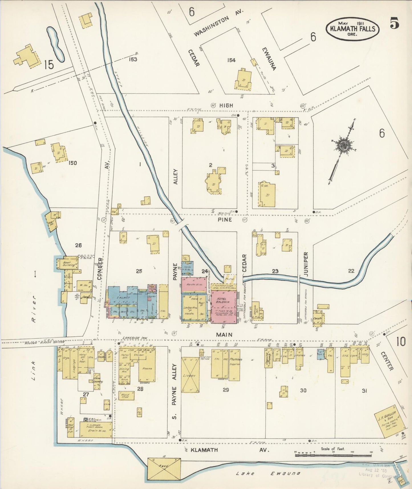 Sanborn Fire Insurance Map from Klamath Falls, Klamath County, Oregon (1911), Sheet #0005 - Historic Sanborn Fire Insurance Map Print, vintage old map wall art, antique decor, genealogy gift, Oregon Oregon map