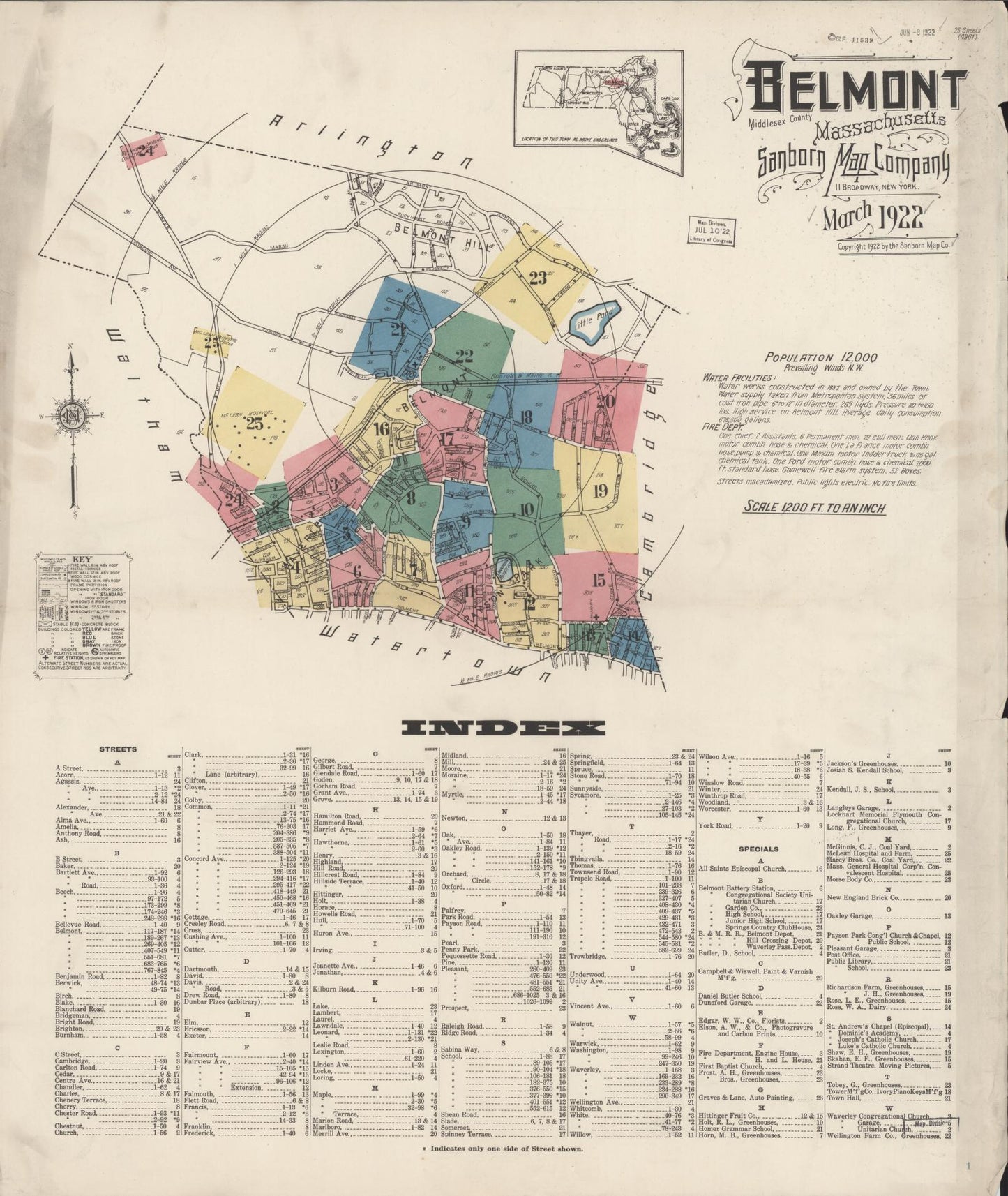 Sanborn Fire Insurance Map from Belmont, Middlesex County, Massachusetts (1922), Sheet #0001 - Historic Sanborn Fire Insurance Map Print, vintage old map wall art, antique decor, genealogy gift, Massachusetts Massachusetts map