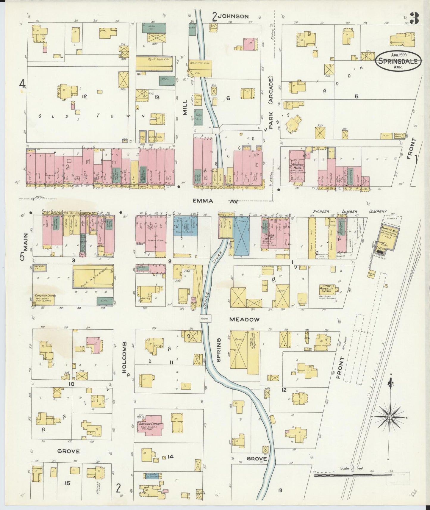 Sanborn Fire Insurance Map from Springdale, Washington County, Arkansas (1909), Sheet #0003 - Historic Sanborn Fire Insurance Map Print, vintage old map wall art, antique decor, genealogy gift, Arkansas Arkansas map