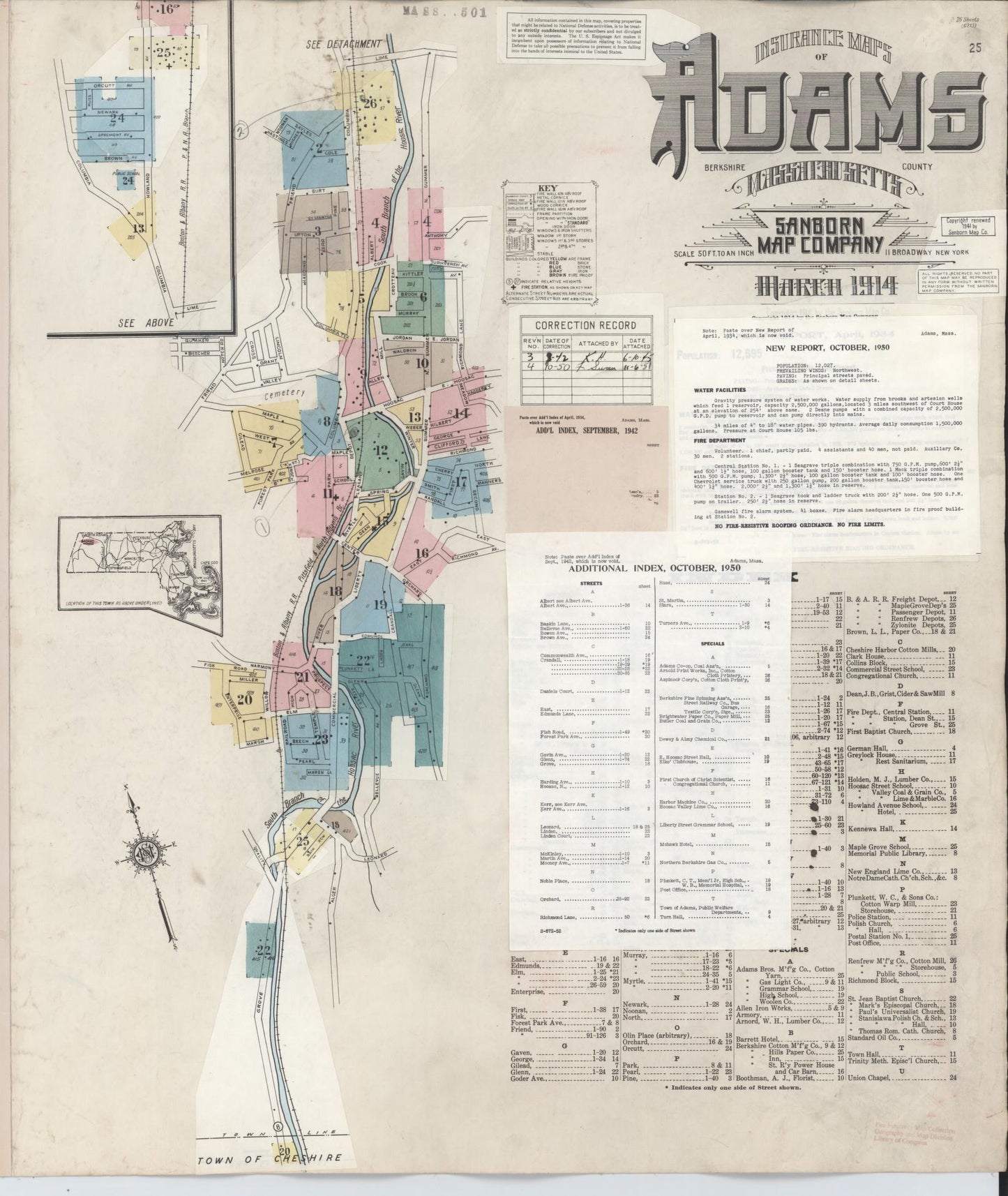 Sanborn Fire Insurance Map from Adams, Berkshire County, Massachusetts (1950), Sheet #0001 - Historic Sanborn Fire Insurance Map Print, vintage old map wall art, antique decor, genealogy gift, Massachusetts Massachusetts map