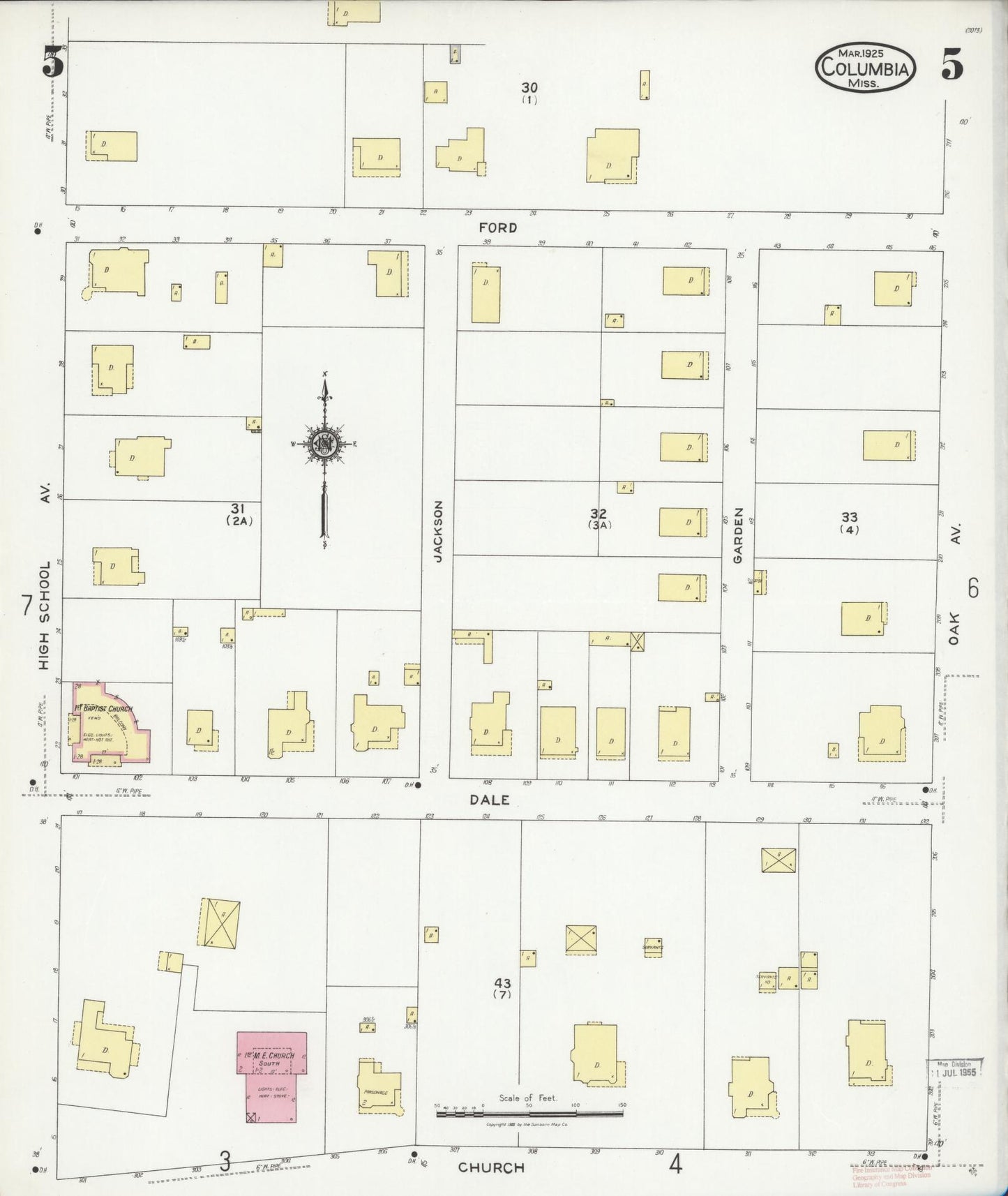 Sanborn Fire Insurance Map from Columbia, Marion County, Mississippi (1925), Sheet #0005 - Historic Sanborn Fire Insurance Map Print, vintage old map wall art, antique decor, genealogy gift, Mississippi Mississippi map
