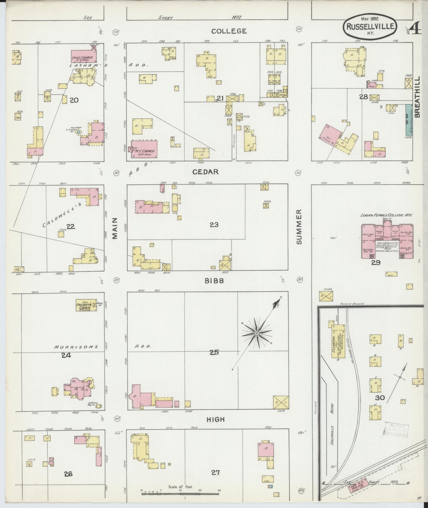 Sanborn Fire Insurance Map from Russellville, Logan County, Kentucky (1892), Sheet #0004 - Historic Sanborn Fire Insurance Map Print, vintage old map wall art, antique decor, genealogy gift, Kentucky Kentucky map