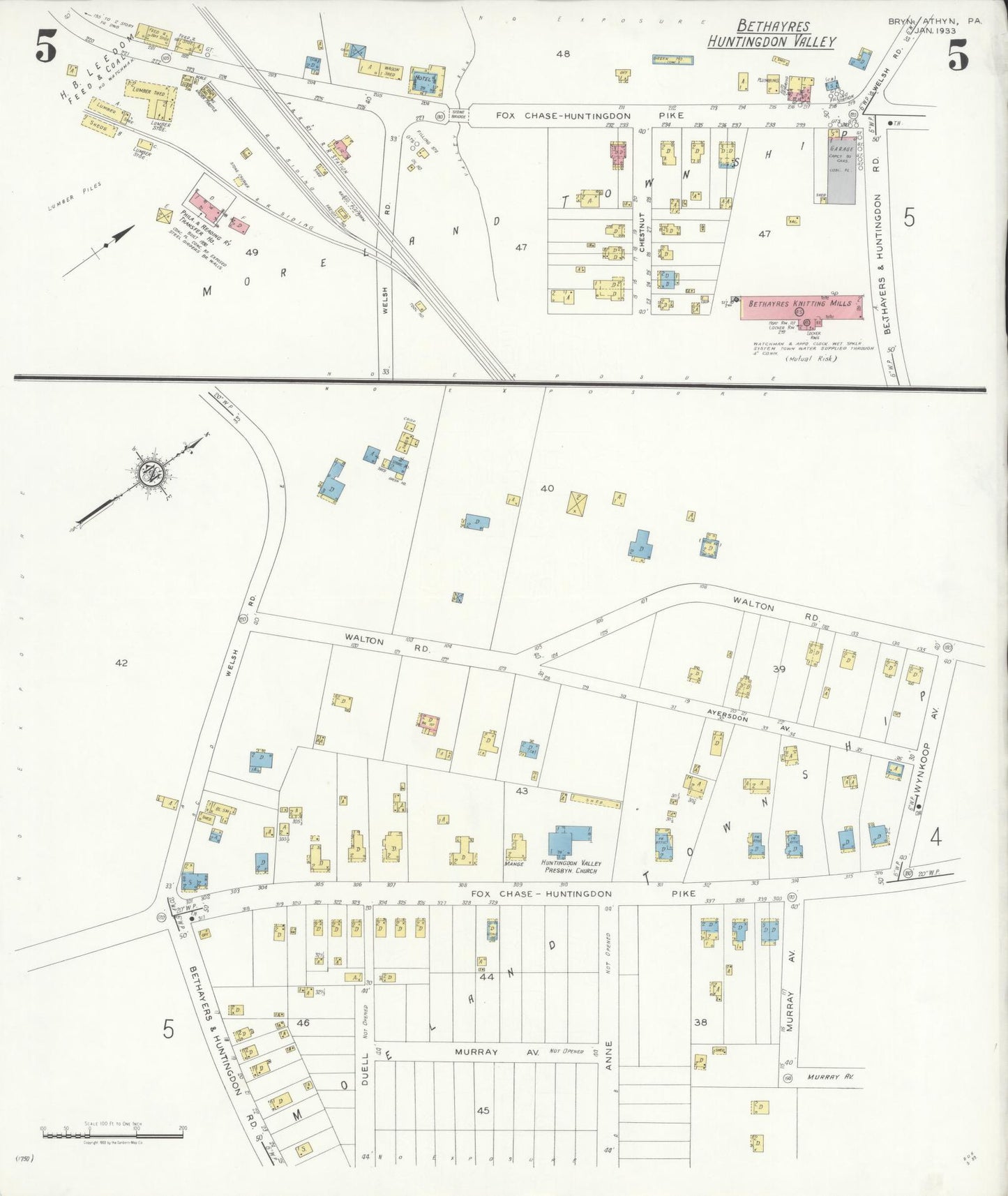Sanborn Fire Insurance Map from Bryn Athyn, Montgomery County, Pennsylvania (1933), Sheet #0005 - Historic Sanborn Fire Insurance Map Print, vintage old map wall art, antique decor, genealogy gift, Pennsylvania Pennsylvania map