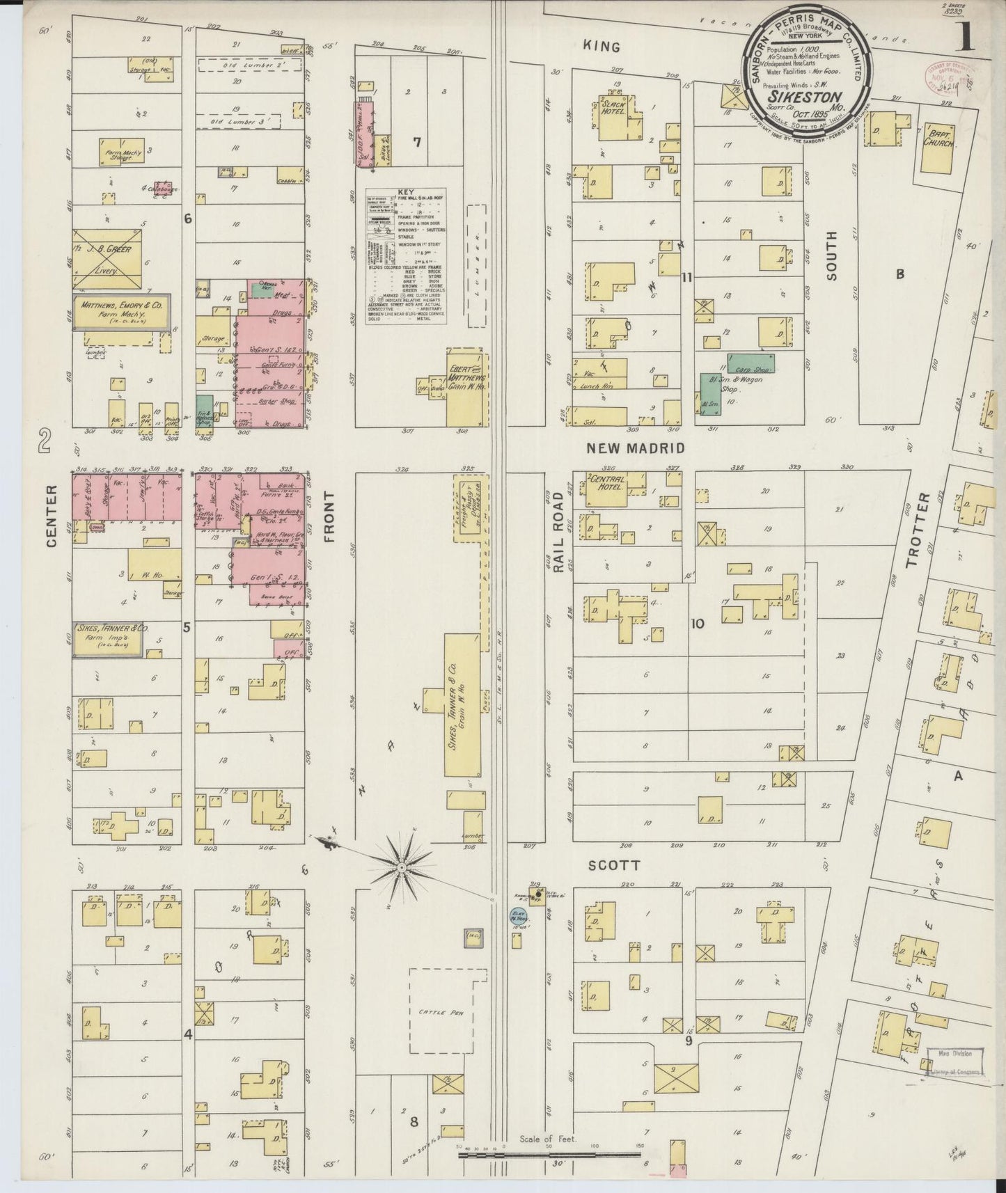 Sanborn Fire Insurance Map from Sikeston, Scott County, Missouri (1895), Sheet #0001 - Historic Sanborn Fire Insurance Map Print, vintage old map wall art, antique decor, genealogy gift, Missouri Missouri map