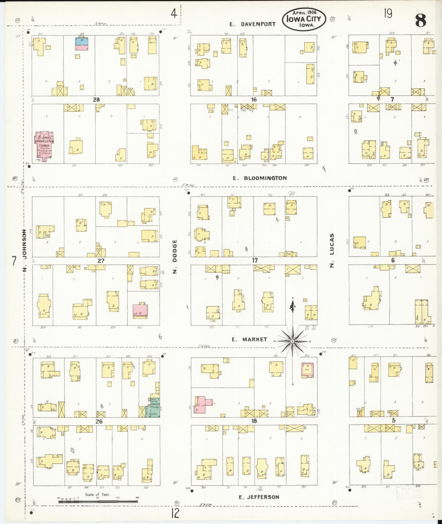 Sanborn Fire Insurance Map from Iowa City, Johnson County, Iowa (1906), Sheet #0008 - Historic Sanborn Fire Insurance Map Print, vintage old map wall art