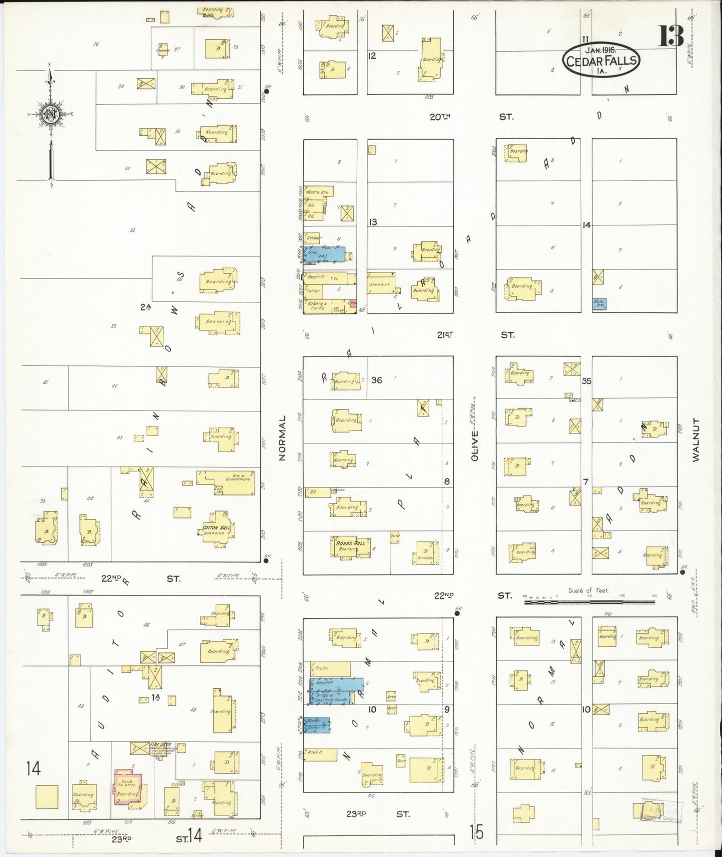 Sanborn Fire Insurance Map from Cedar Falls, Black Hawk County, Iowa (1916), Sheet #0013 - Historic Sanborn Fire Insurance Map Print, vintage old map wall art