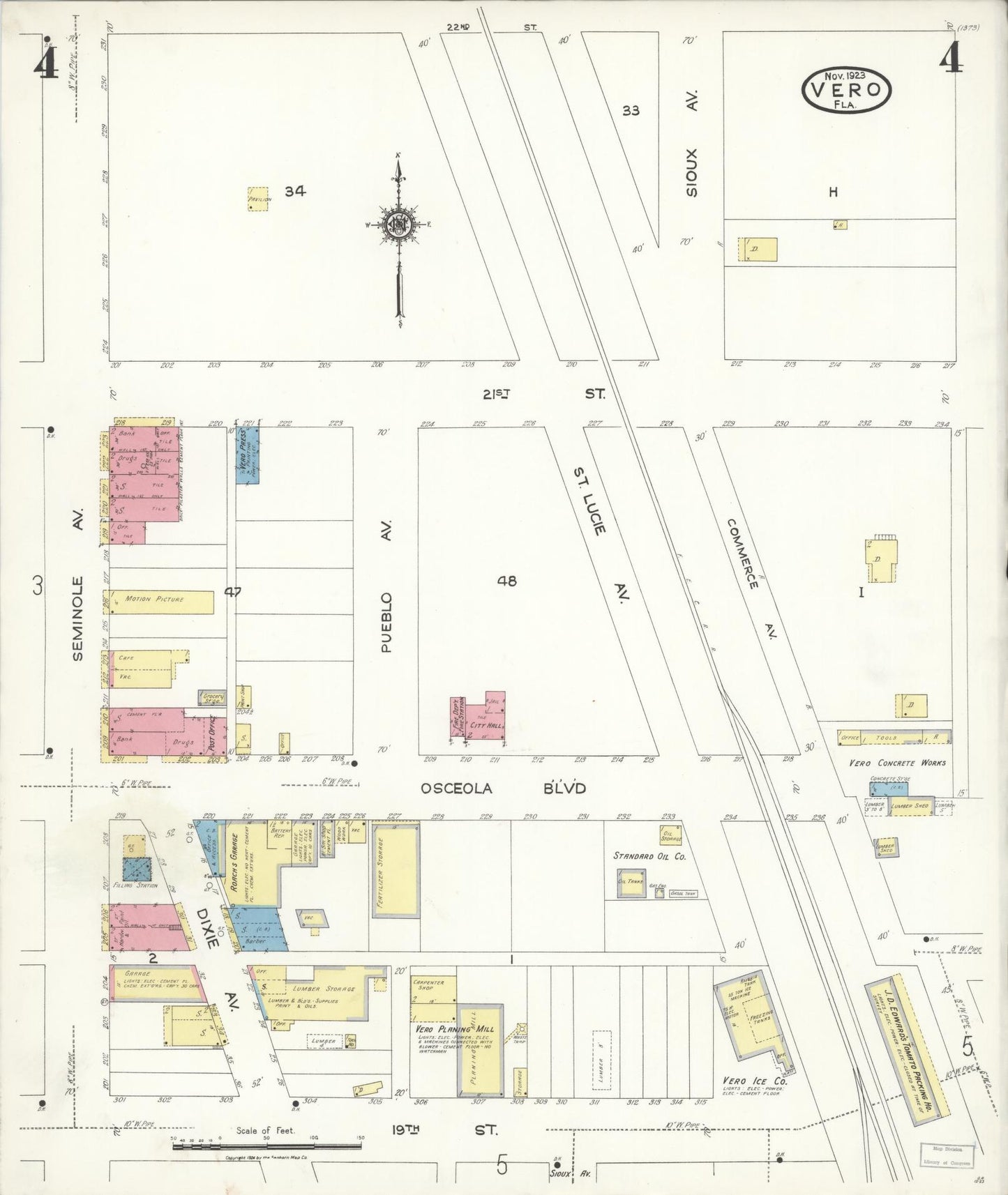 Sanborn Fire Insurance Map from Vero Beach, Indian River County, Florida (1923), Sheet #0004 - Historic Sanborn Fire Insurance Map Print, vintage old map wall art, antique decor, genealogy gift, Florida Florida map