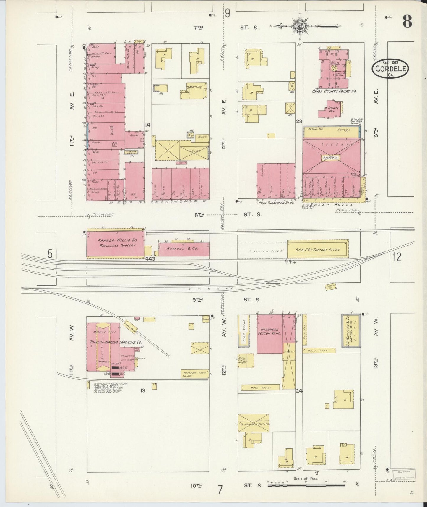 Sanborn Fire Insurance Map from Cordele, Crisp County, Georgia (1913), Sheet #0008 - Historic Sanborn Fire Insurance Map Print, vintage old map wall art, antique decor, genealogy gift, Georgia Georgia map