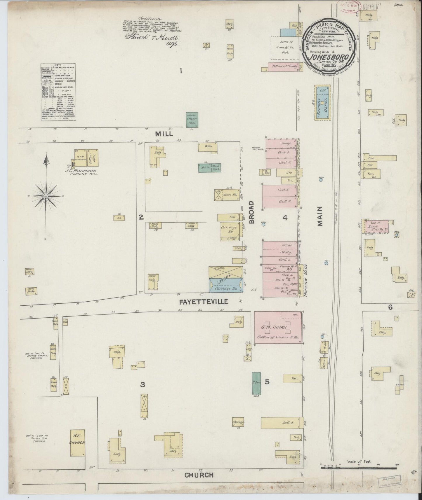Sanborn Fire Insurance Map from Jonesboro, Clayton County, Georgia (1890), Sheet #0001 - Historic Sanborn Fire Insurance Map Print, vintage old map wall art, antique decor, genealogy gift, Georgia Georgia map
