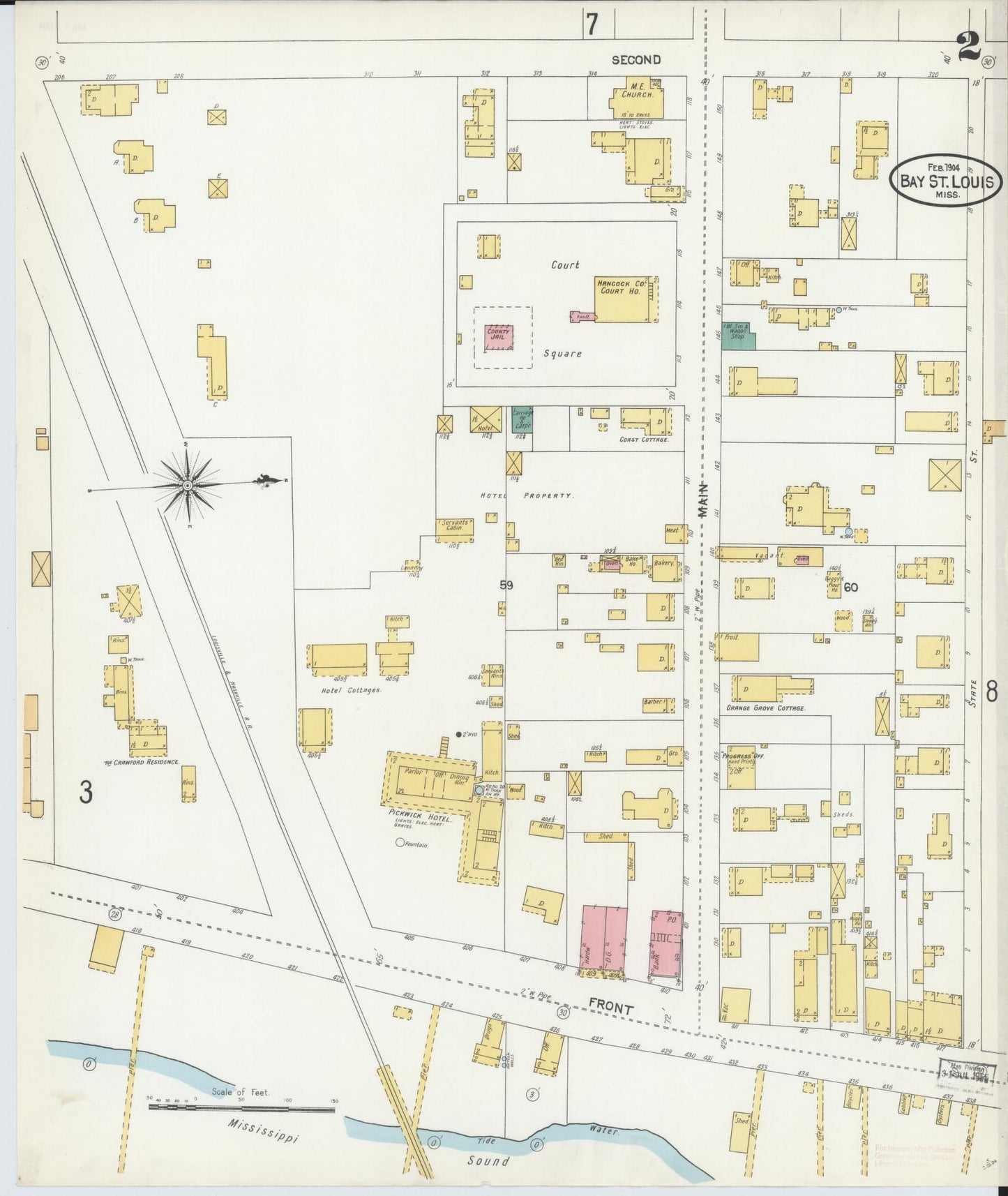 Sanborn Fire Insurance Map from Bay Saint Louis, Hancock County, Mississippi (1904), Sheet #0002 - Historic Sanborn Fire Insurance Map Print, vintage old map wall art, antique decor, genealogy gift, Mississippi Mississippi map