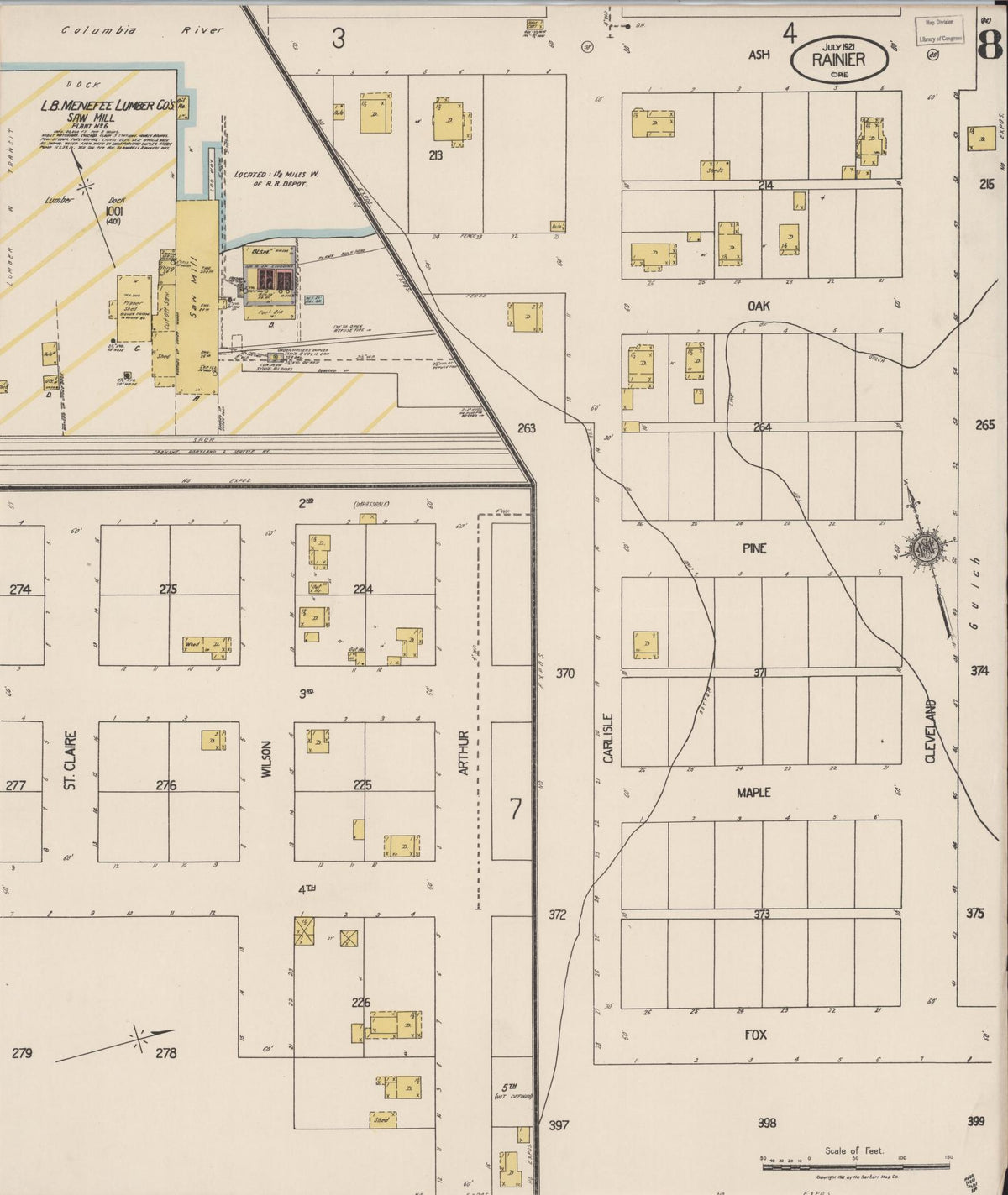 Sanborn Fire Insurance Map from Rainier, Columbia County, Oregon (1921), Sheet #0008 - Historic Sanborn Fire Insurance Map Print, vintage old map wall art, antique decor, genealogy gift, Oregon Oregon map