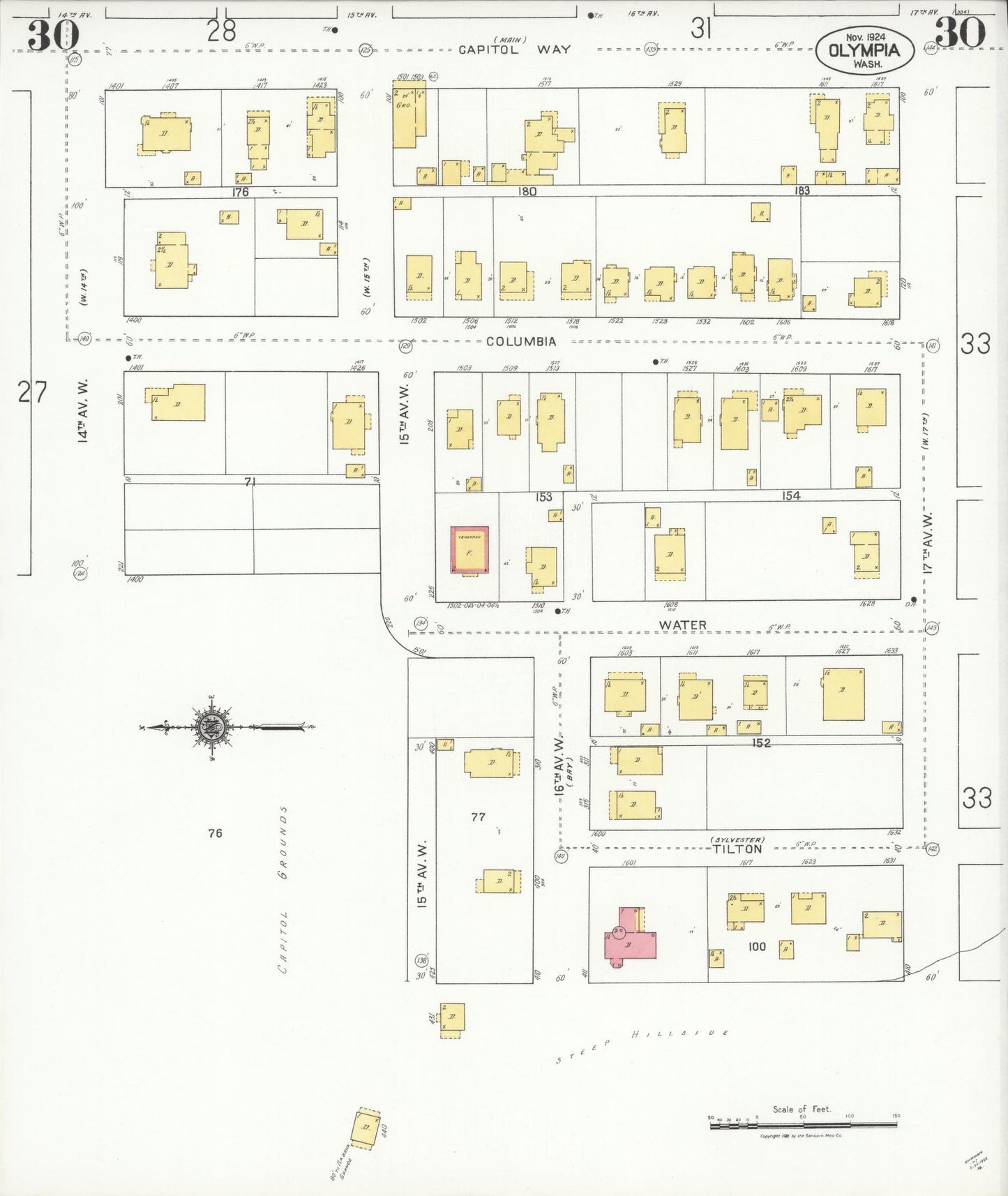 Sanborn Fire Insurance Map from Olympia, Thurston County, Washington (1924), Sheet #0030 - Historic Sanborn Fire Insurance Map Print, vintage old map wall art, antique decor, genealogy gift, Washington Washington map