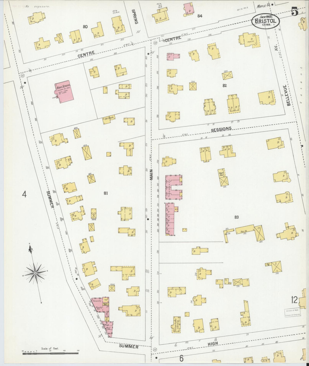 Sanborn Fire Insurance Map from Bristol, Hartford County, Connecticut (1900), Sheet #0005 - Historic Sanborn Fire Insurance Map Print, vintage old map wall art, antique decor, genealogy gift, Connecticut Connecticut map