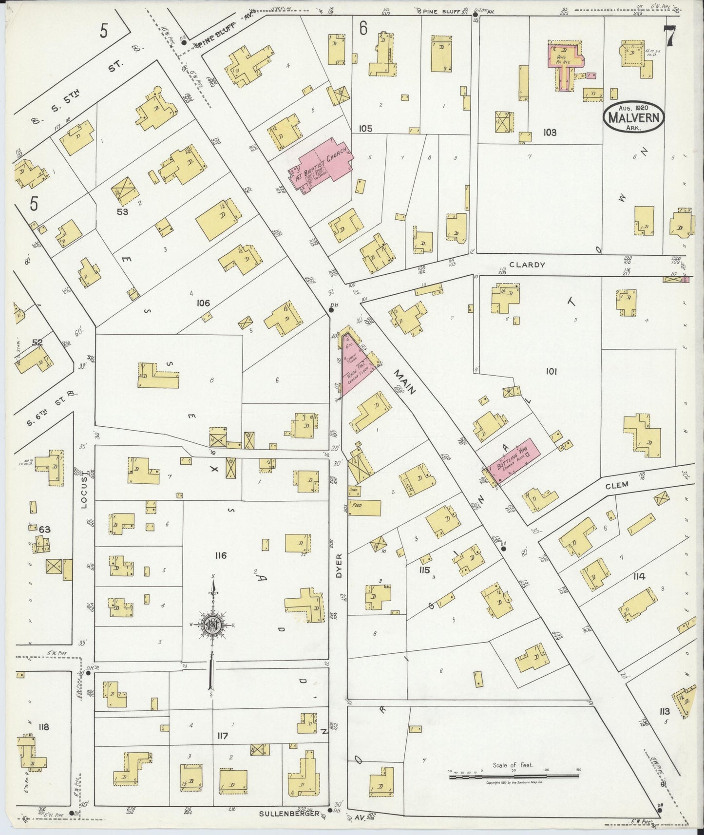 Sanborn Fire Insurance Map from Malvern, Hot Springs County, Arkansas (1920), Sheet #0007 - Historic Sanborn Fire Insurance Map Print, vintage old map wall art, antique decor, genealogy gift, Arkansas Arkansas map