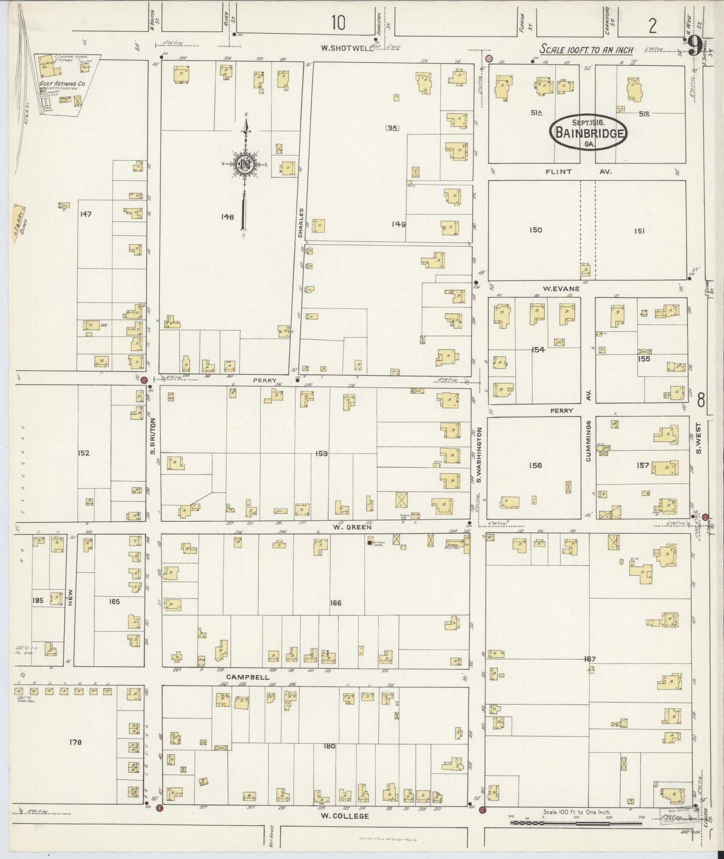 Sanborn Fire Insurance Map from Bainbridge, Decatur County, Georgia (1916), Sheet #0009 - Historic Sanborn Fire Insurance Map Print, vintage old map wall art, antique decor, genealogy gift, Georgia Georgia map