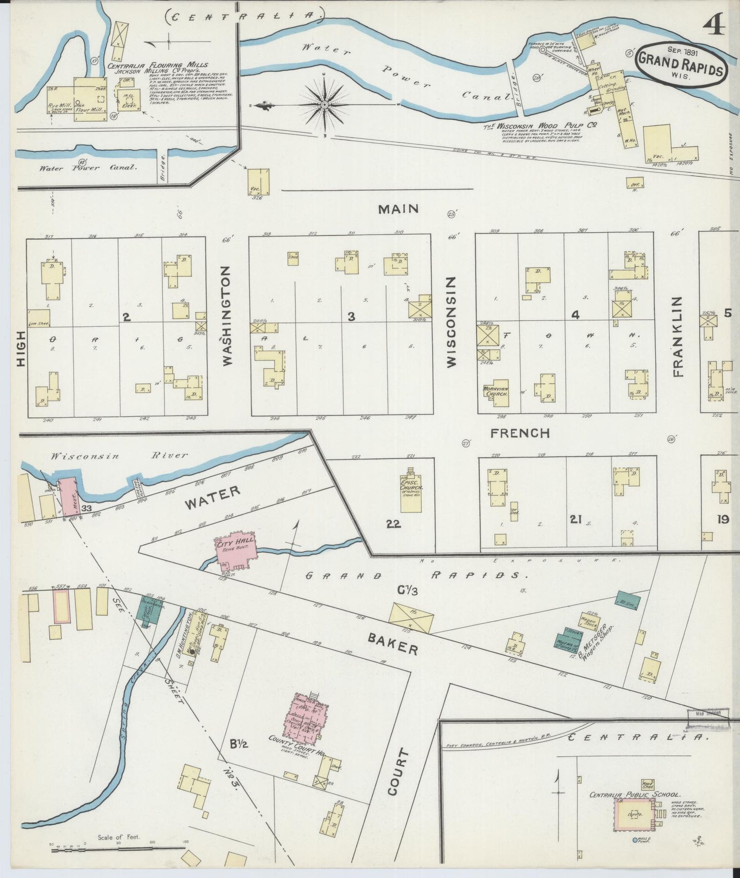 Sanborn Fire Insurance Map from Grand Rapids, Wood County, Wisconsin (1891), Sheet #0004 - Historic Sanborn Fire Insurance Map Print, vintage old map wall art, antique decor, genealogy gift, Wisconsin Wisconsin map