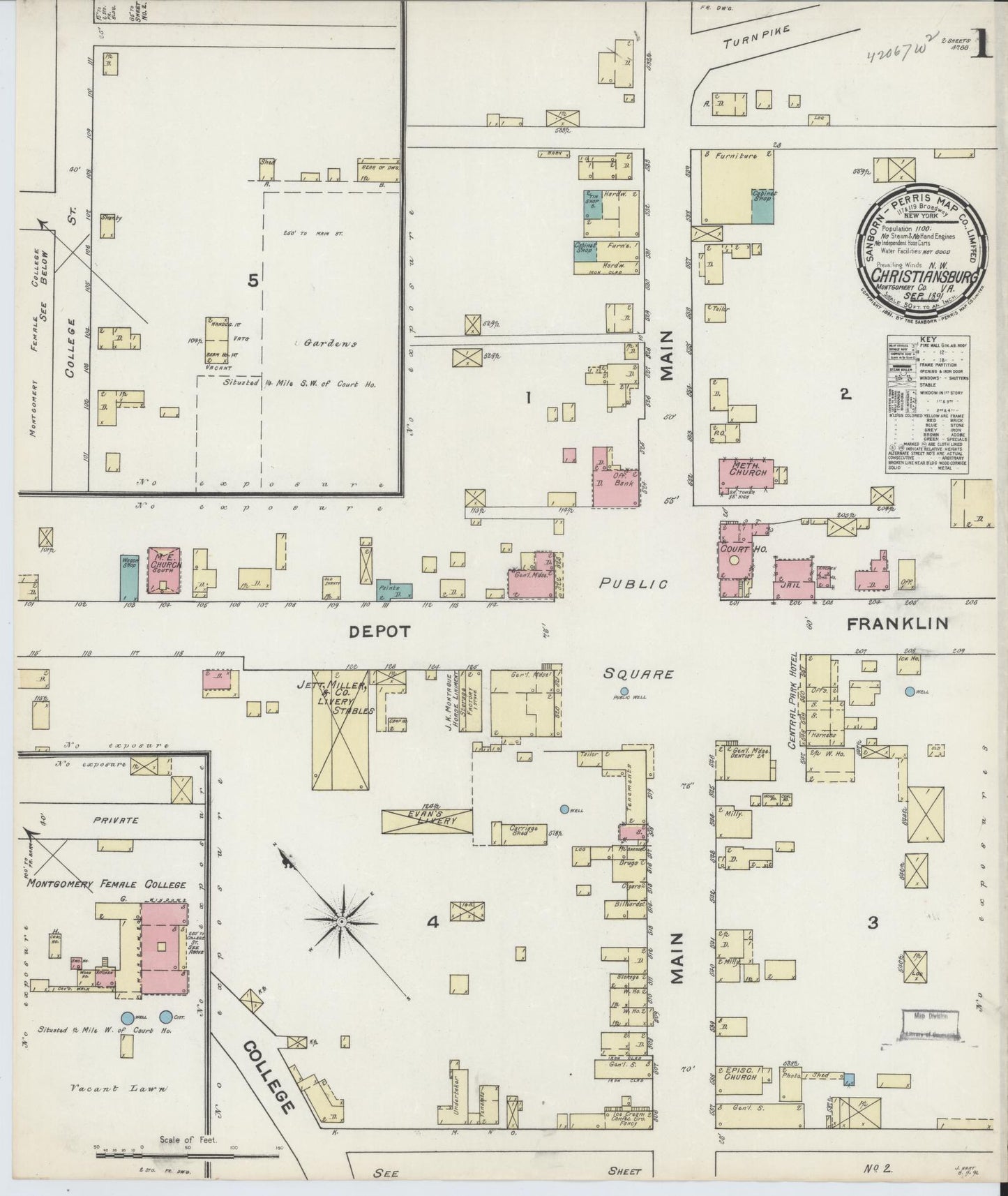 Sanborn Fire Insurance Map from Christiansburg, Montgomery County, Virginia. (1891) – Historic Sanborn Fire Insurance Map Print