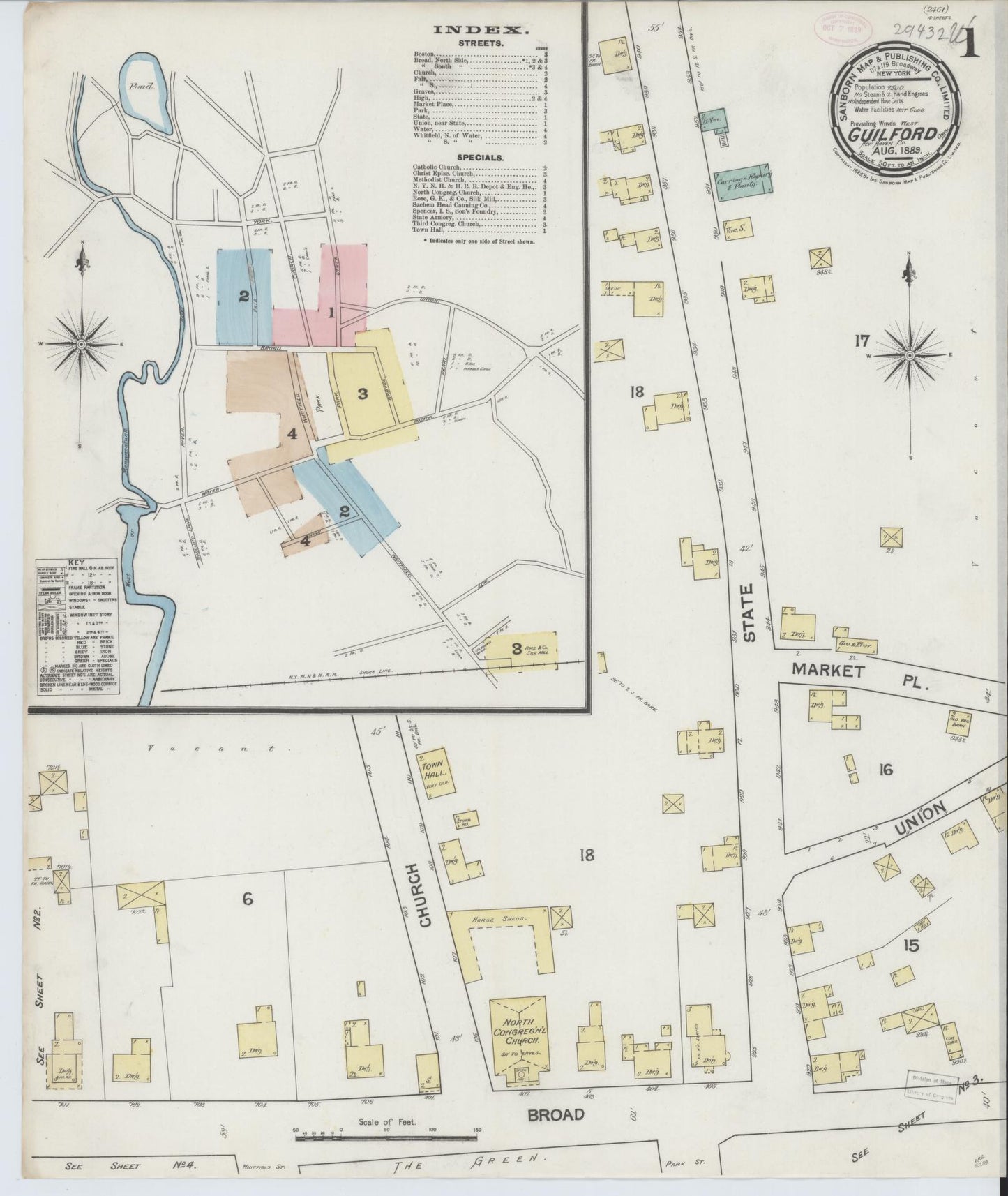 Sanborn Fire Insurance Map from Guilford, New Haven County, Connecticut (1889), Sheet #0001 - Historic Sanborn Fire Insurance Map Print, vintage old map wall art, antique decor, genealogy gift, Connecticut Connecticut map