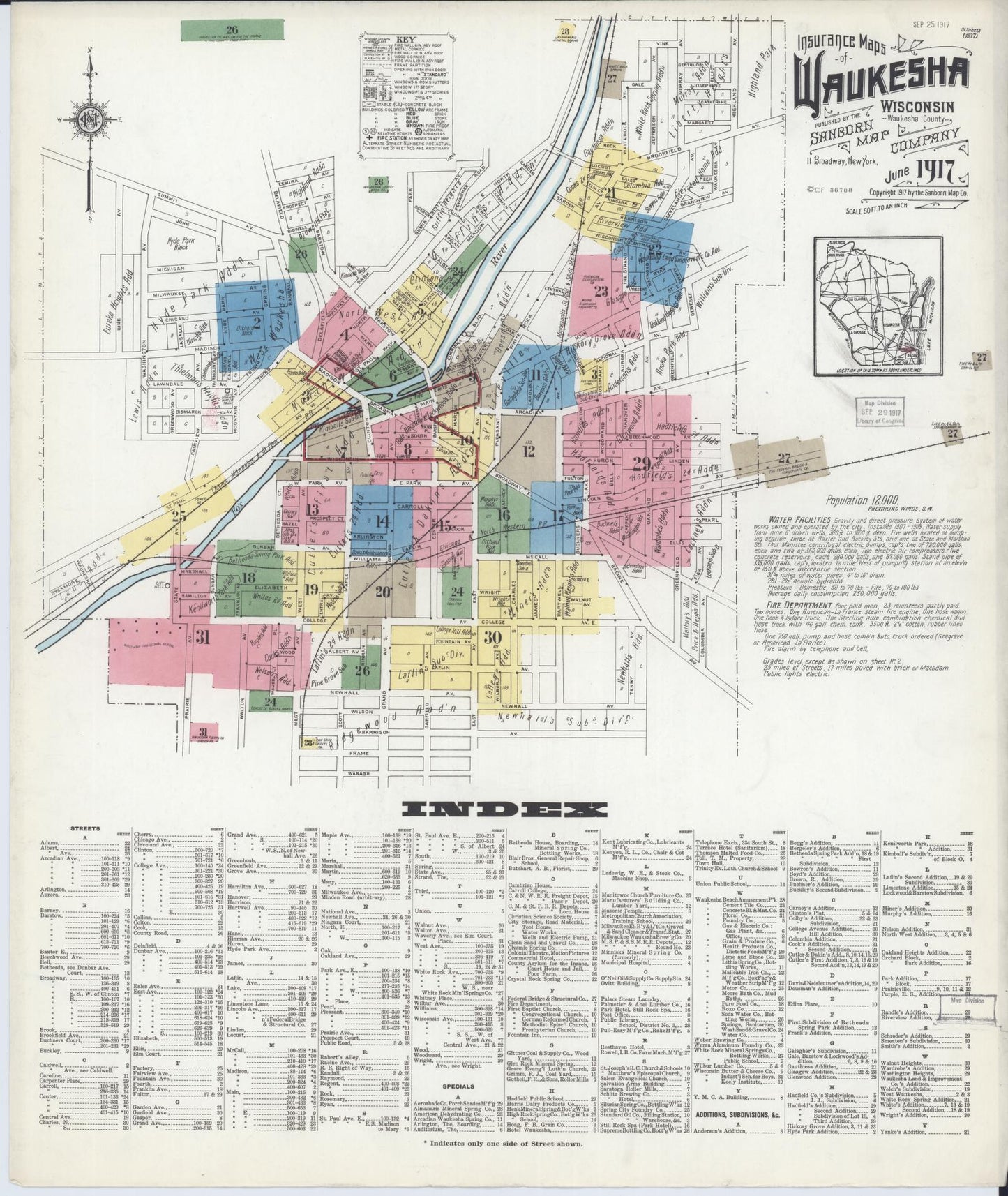 Sanborn Fire Insurance Map from Waukesha, Waukesha County, Wisconsin (1917), Sheet #0001 - Historic Sanborn Fire Insurance Map Print, vintage old map wall art, antique decor, genealogy gift, Wisconsin Wisconsin map