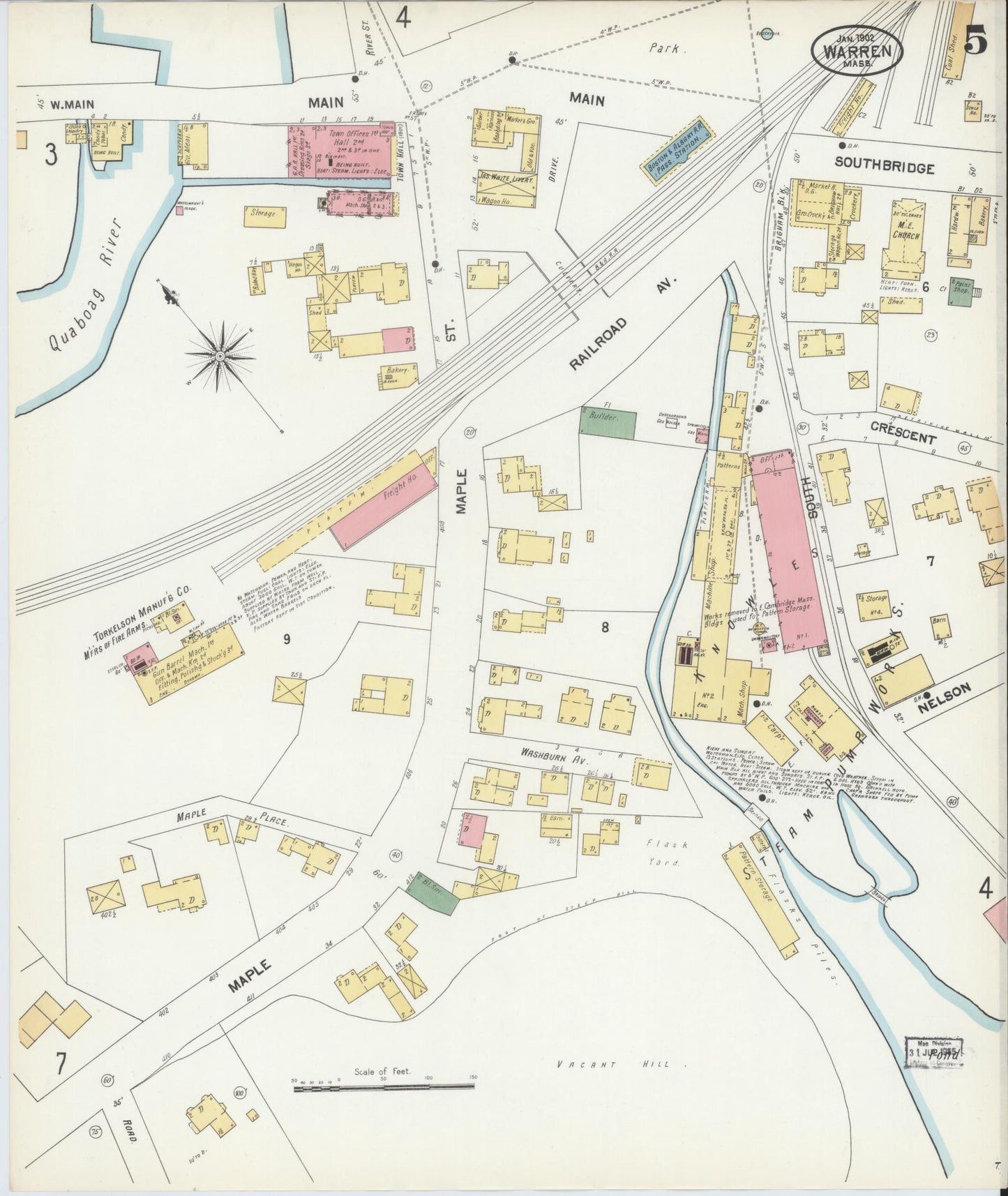 Sanborn Fire Insurance Map from Warren, Worcester County, Massachusetts (1902), Sheet #0005 - Historic Sanborn Fire Insurance Map Print, vintage old map wall art, antique decor, genealogy gift, Massachusetts Massachusetts map
