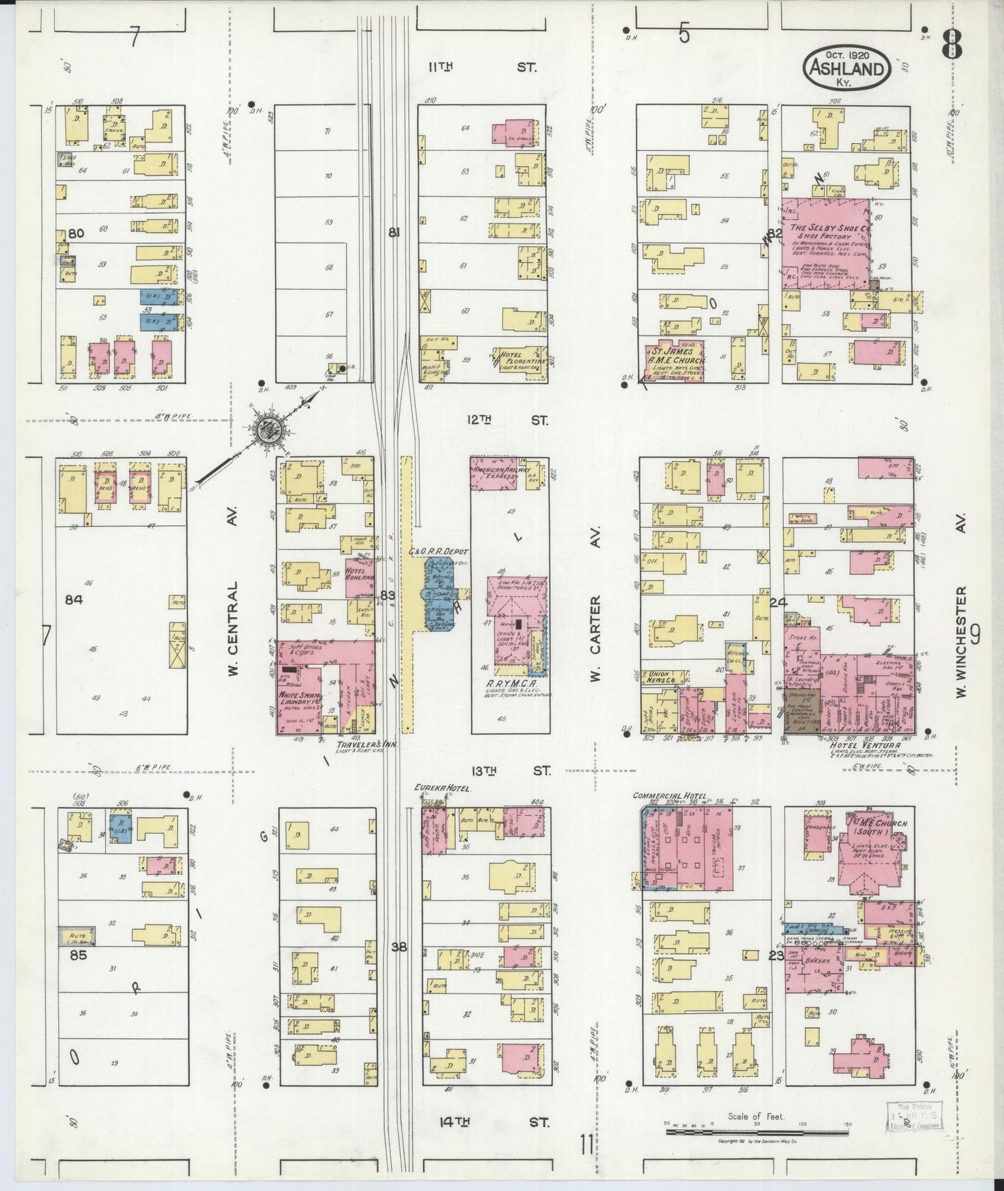 Sanborn Fire Insurance Map from Ashland, Boyd County, Kentucky (1920), Sheet #0008 - Historic Sanborn Fire Insurance Map Print, vintage old map wall art, antique decor, genealogy gift, Kentucky Kentucky map