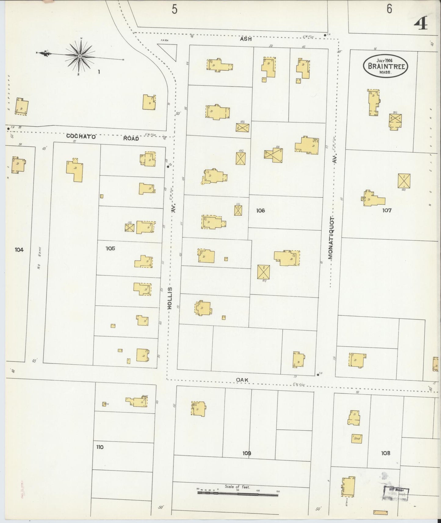 Sanborn Fire Insurance Map from Braintree, Norfolk County, Massachusetts (1906), Sheet #0004 - Historic Sanborn Fire Insurance Map Print, vintage old map wall art, antique decor, genealogy gift, Massachusetts Massachusetts map