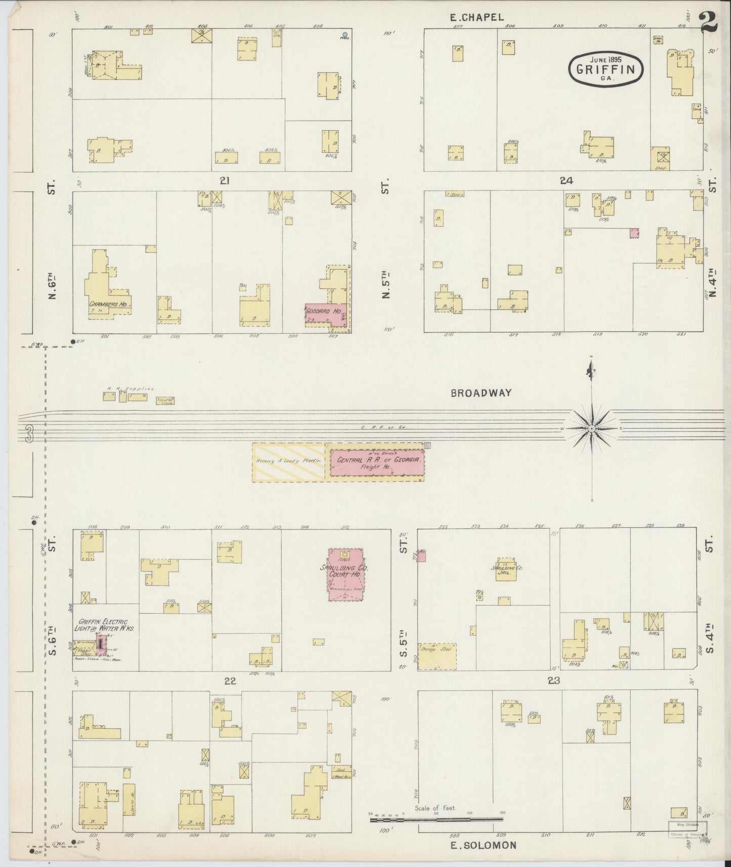 Sanborn Fire Insurance Map from Griffin, Spalding County, Georgia (1895), Sheet #0002 - Historic Sanborn Fire Insurance Map Print, vintage old map wall art, antique decor, genealogy gift, Georgia Georgia map