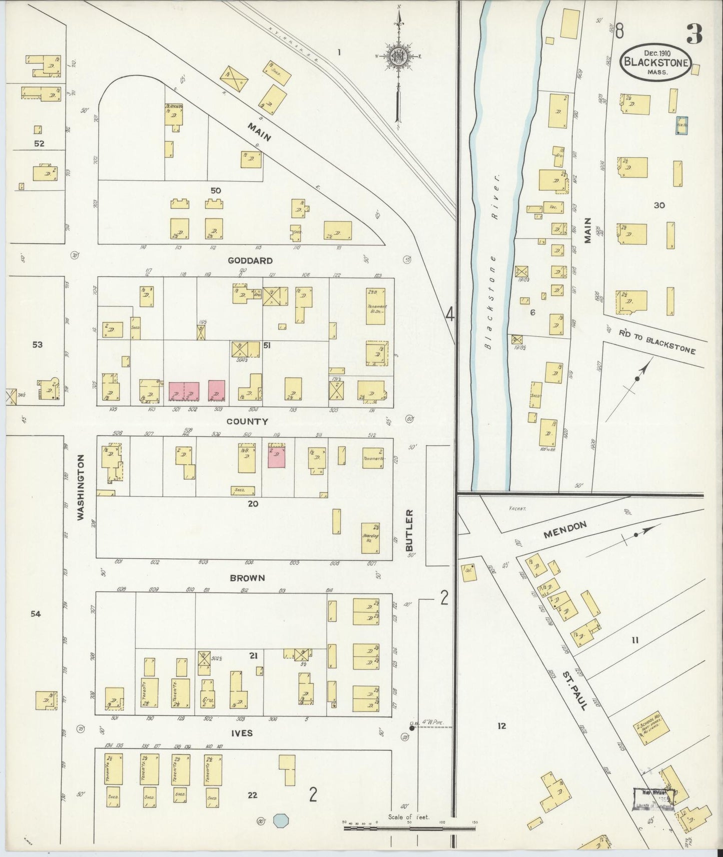Sanborn Fire Insurance Map from Blackstone, Worcester County, Massachusetts (1910), Sheet #0003 - Historic Sanborn Fire Insurance Map Print, vintage old map wall art, antique decor, genealogy gift, Massachusetts Massachusetts map