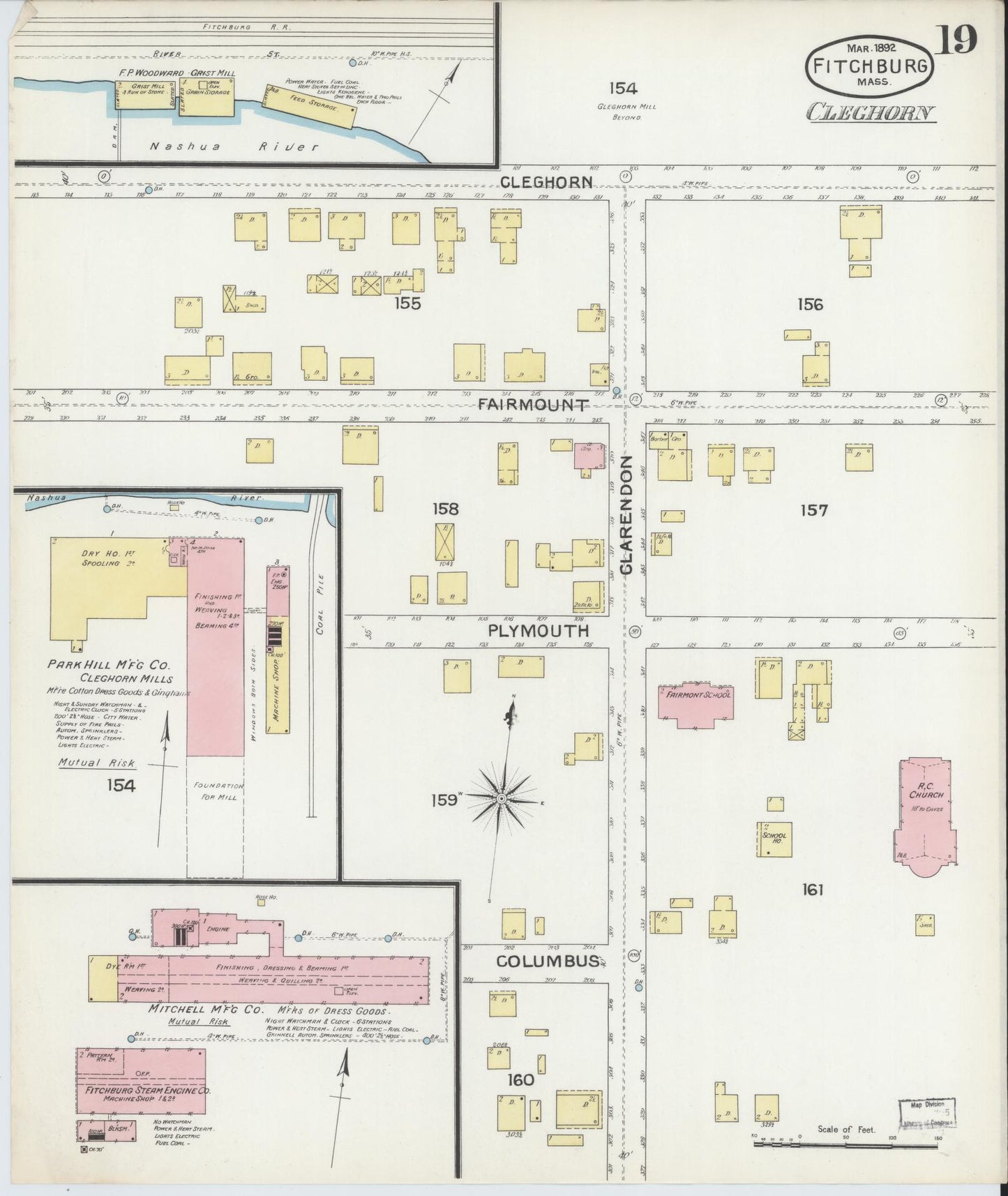 Sanborn Fire Insurance Map from Fitchburg, Worcester County, Massachusetts (1892), Sheet #0019 - Historic Sanborn Fire Insurance Map Print, vintage old map wall art, antique decor, genealogy gift, Massachusetts Massachusetts map