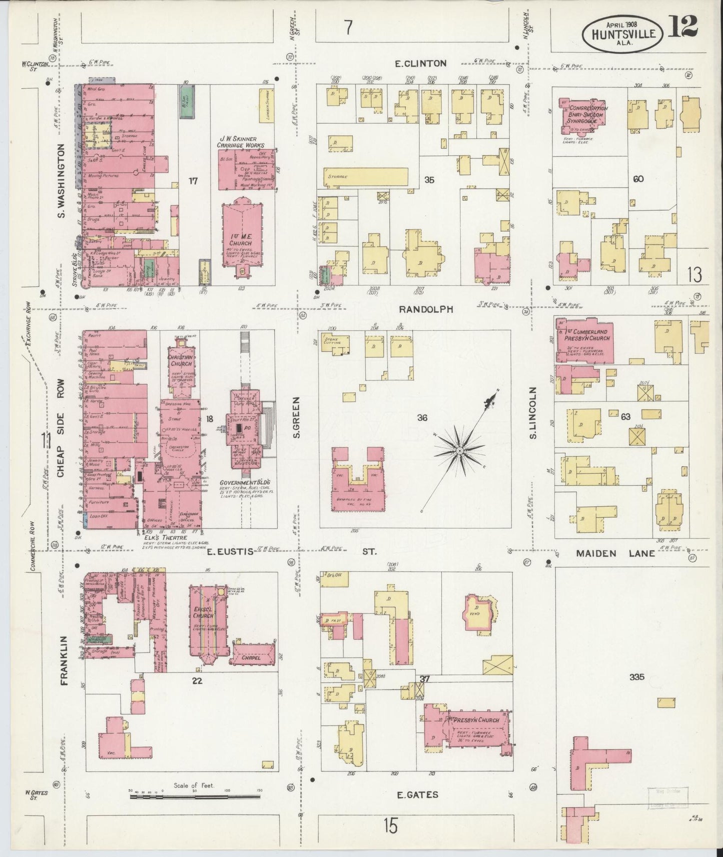 Sanborn Fire Insurance Map from Huntsville, Madison County, Alabama (1908), Sheet #0012 - Historic Sanborn Fire Insurance Map Print, vintage old map wall art, antique decor, genealogy gift, Alabama Alabama map