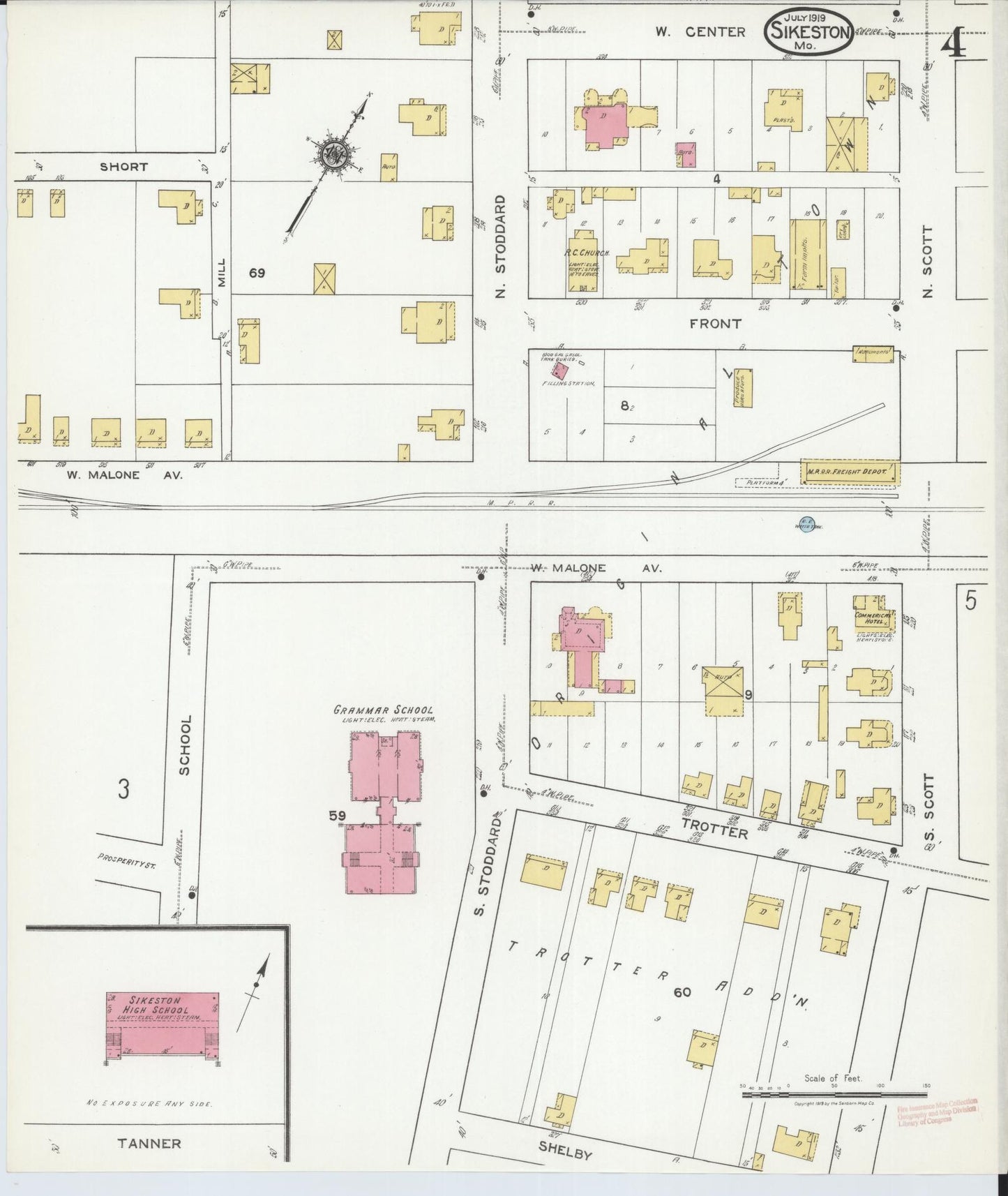 Sanborn Fire Insurance Map from Sikeston, Scott County, Missouri (1919), Sheet #0004 - Historic Sanborn Fire Insurance Map Print, vintage old map wall art, antique decor, genealogy gift, Missouri Missouri map
