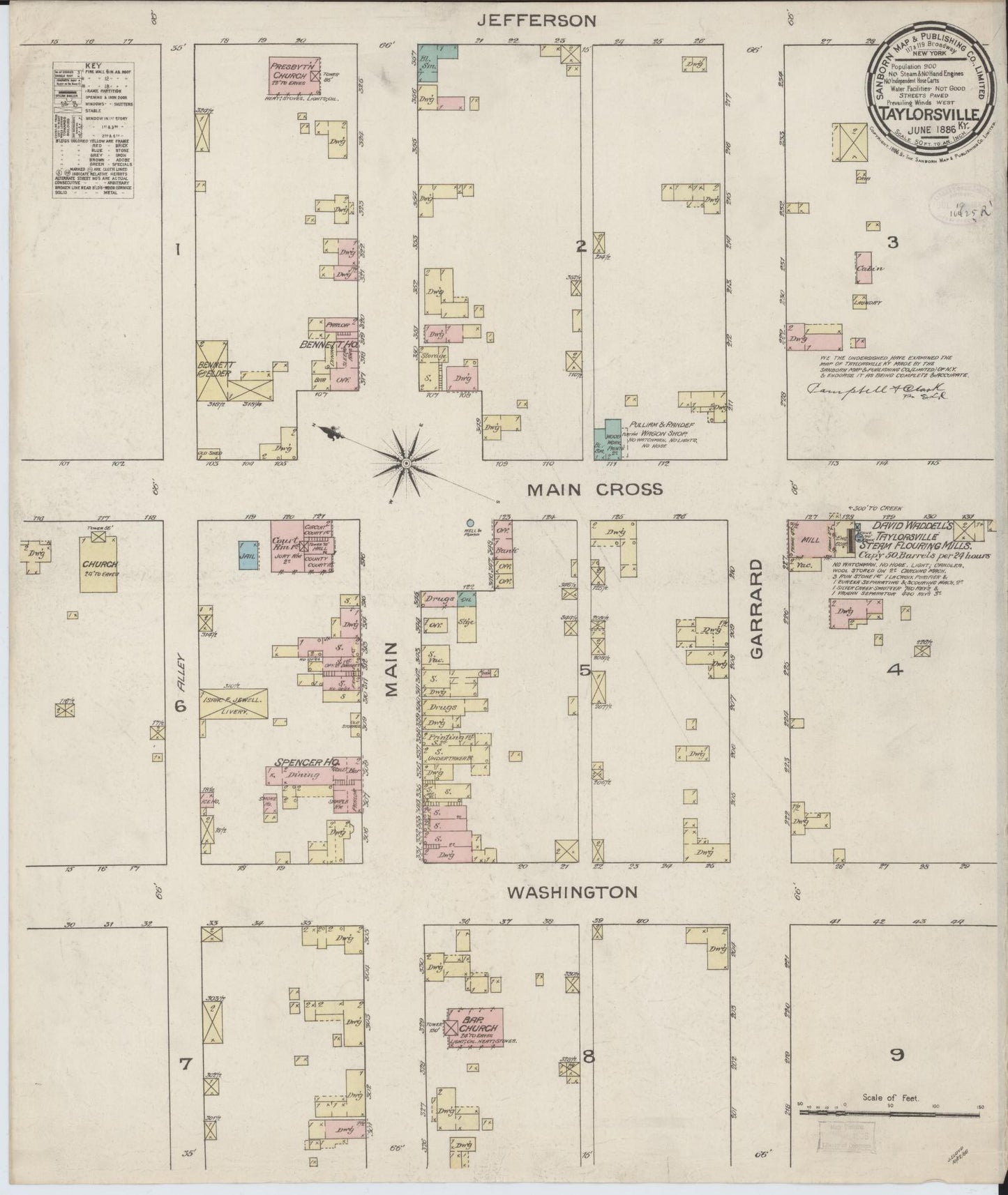Sanborn Fire Insurance Map from Taylorsville, Spencer County, Kentucky (1886), Sheet #0001 - Historic Sanborn Fire Insurance Map Print, vintage old map wall art, antique decor, genealogy gift, Kentucky Kentucky map