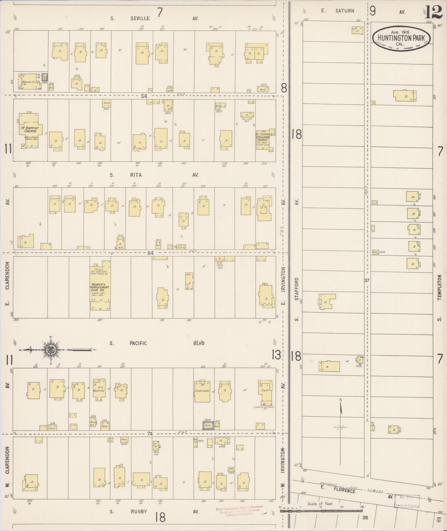 Sanborn Fire Insurance Map from Huntington Park, Los Angeles County, California (1916), Sheet #0012 - Historic Sanborn Fire Insurance Map Print, vintage old map wall art, antique decor, genealogy gift, California California map